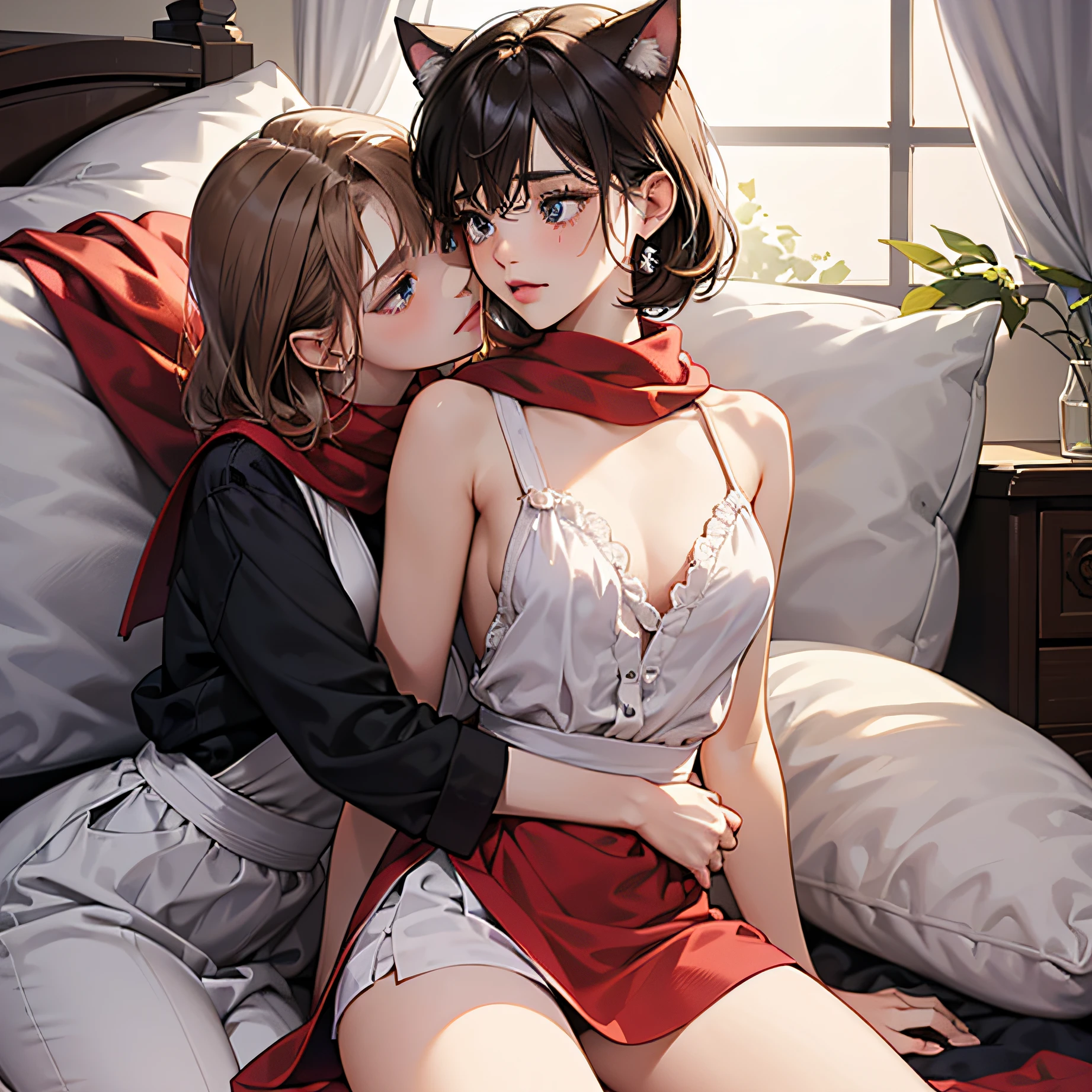 Two  girls，nedium breasts，Beds，the maid outfit，whaite hair，Short brown hair，cat ear，Lower left earlobe，Shy，Red scarf，On your stomach，Superskirt，seductiv，eBlue eyes ，balmy，upper legs（（tmasterpiece），best qualtiy，cinmatic lighting，ultra - detailed，Beautiful and detailed eye description，Bright pupils）Intimate contact，Teary eyes，If you want to refuse, you are welcome，Playing，counterpart，Nakedness，One up and one down，Kiss，lesbian --auto