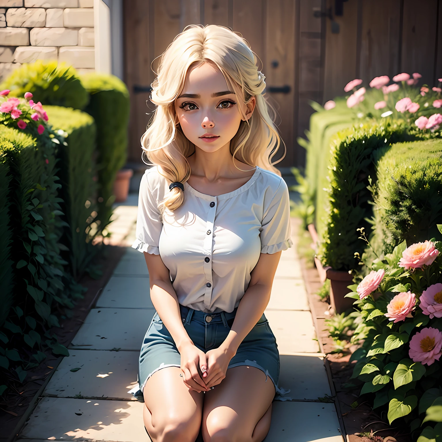 menina loira de franja cabelo longo, home animation white fence flowered garden, animais --auto