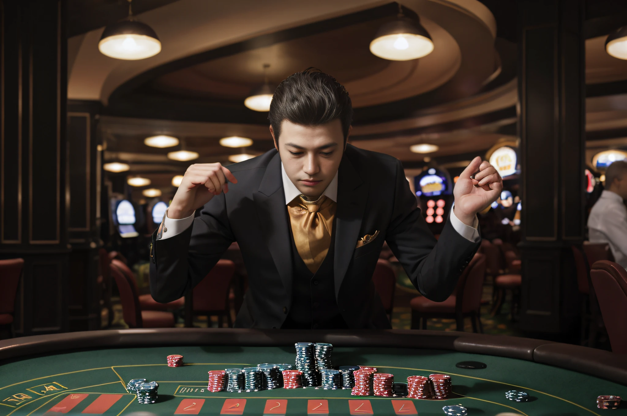 Arafard man in suit and tie，Gaming tables, indoor casino, Attractive man, casino, hotei is on the table, High quality fantasy stock photo, , fantasy themed