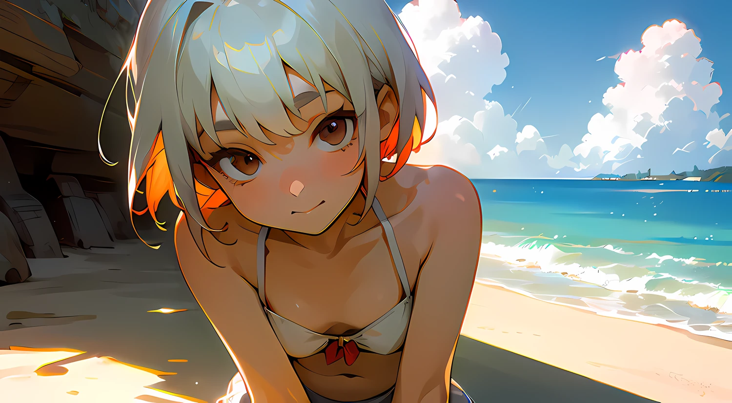 16 yaers old,s girl,The upper part of the body,White and red top,short detailed hair,solo person,White color hair,夏天,beachside,baiyun,Positive side face,surrealism, shadowing, anaglyph, stereograms, tachi-e, angle of view, Atmospheric perspective, 8K, Super detail, ccurate, Best quality --auto
