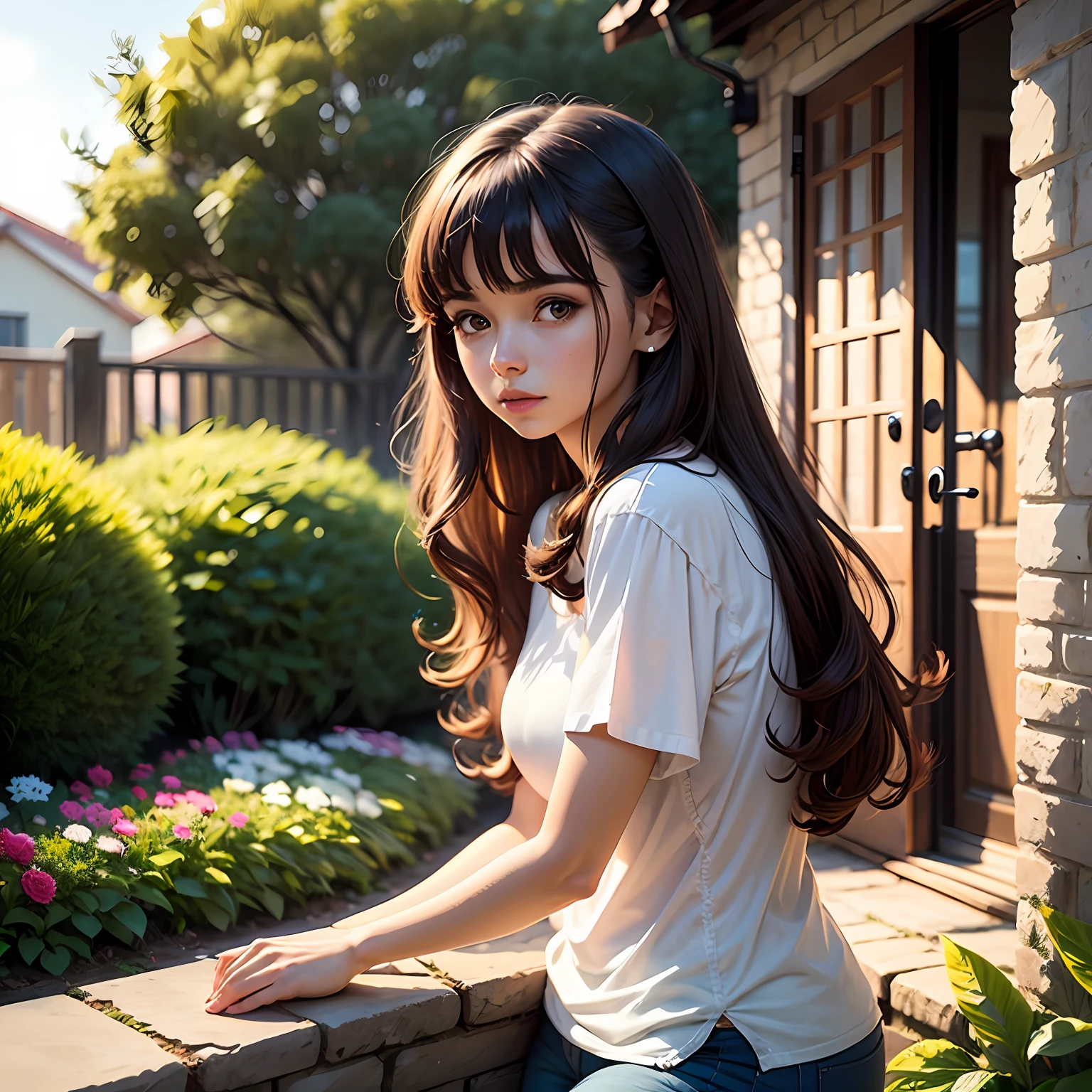 menina loira de franja cabelo longo, home animation white fence flowered garden, animais --auto
