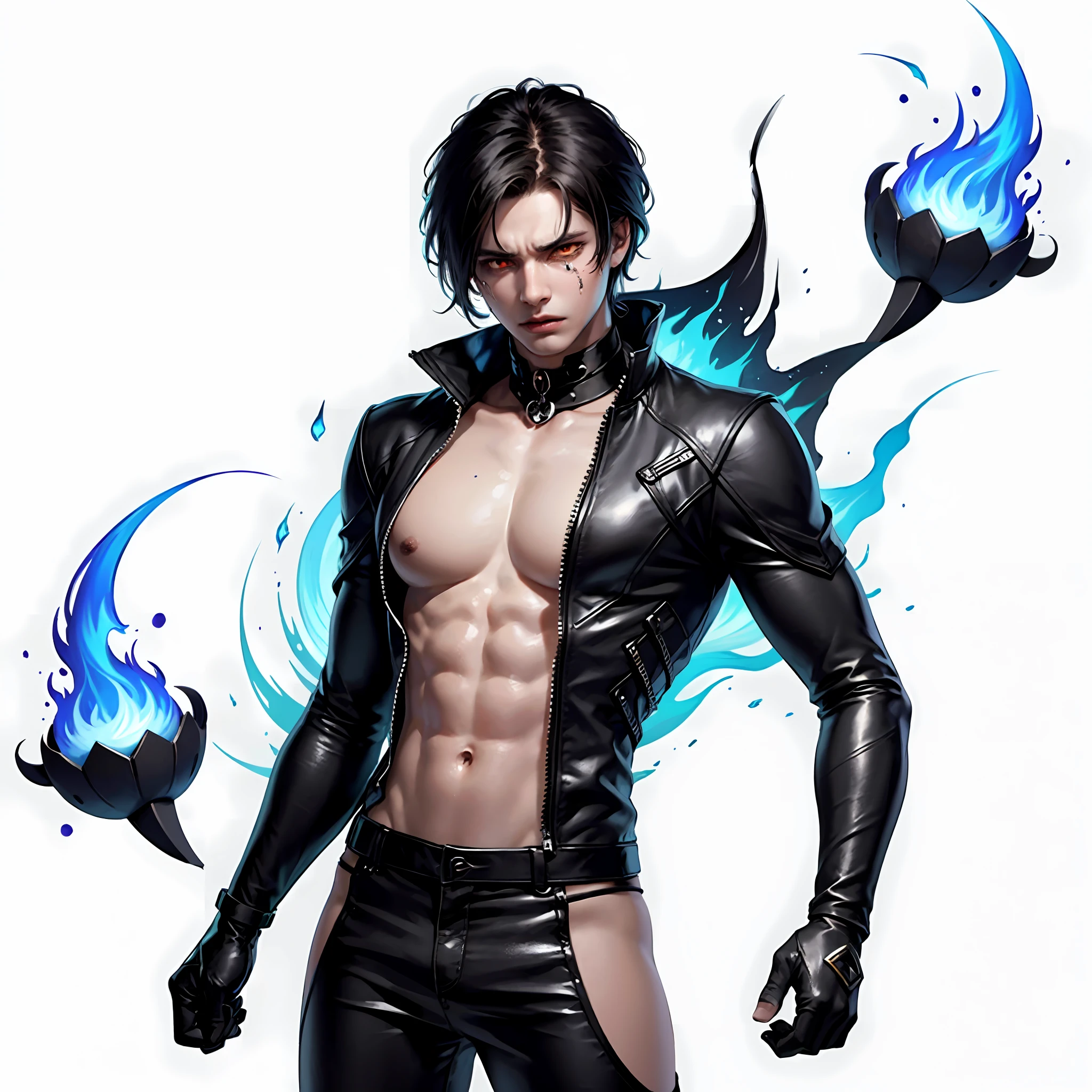 a male character black on a neutral background an extreme expression of anger with orange eyes crying a blue flame liquid, (black hair), --auto --s2