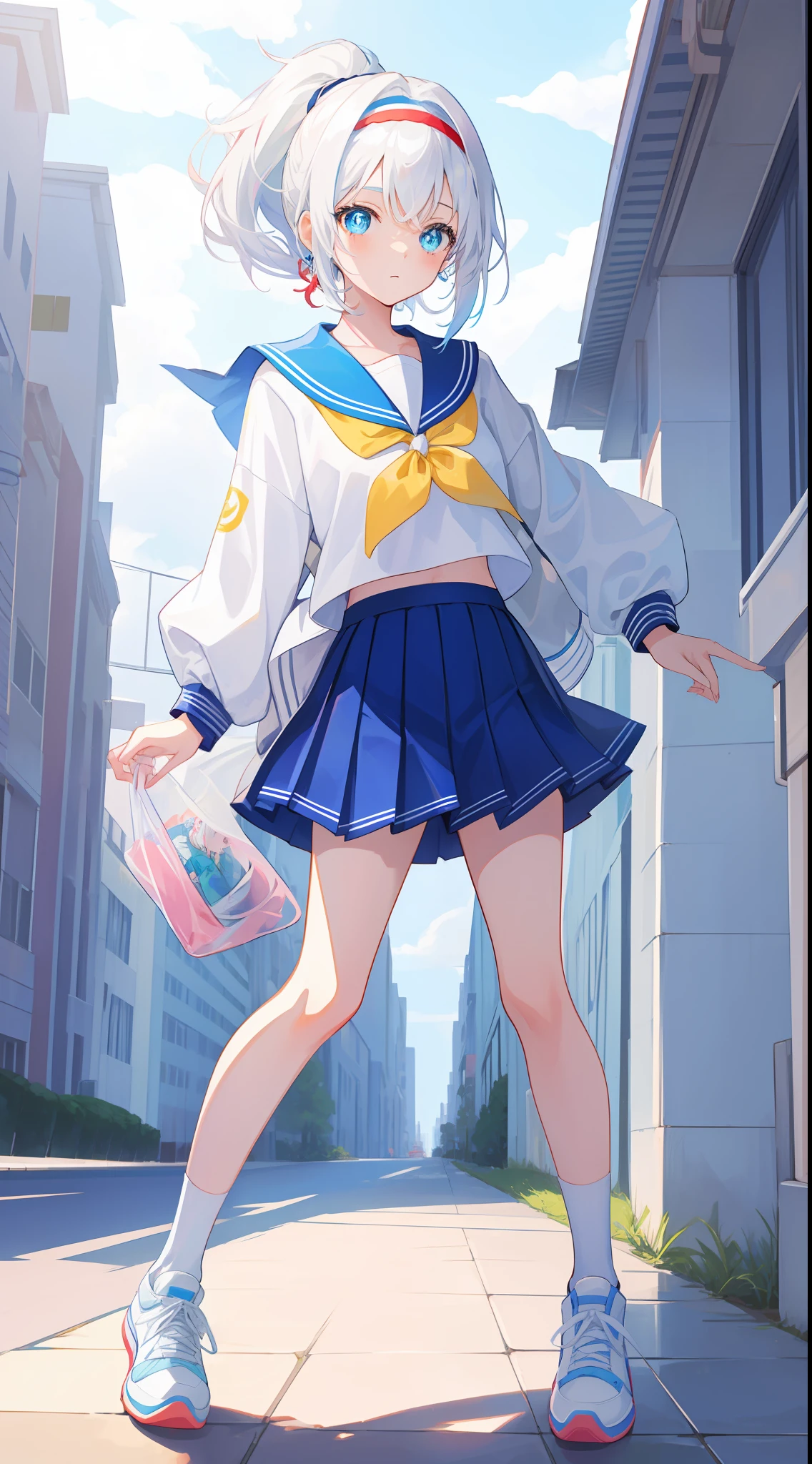 Anime characters with white hair and blue eyes, anime visual of a cute girl, Anime moe art style,Girl with short white hair, Shoujo white hair young anime girl, official character art,Heterochromic pupils，Wear high-top sneakers，White sailor suit，Short pleated skirt，blue accents，red hairband，your legs，flatchest，Short ponytail hair，White high-top flats in hand，chiquita，Full body photo