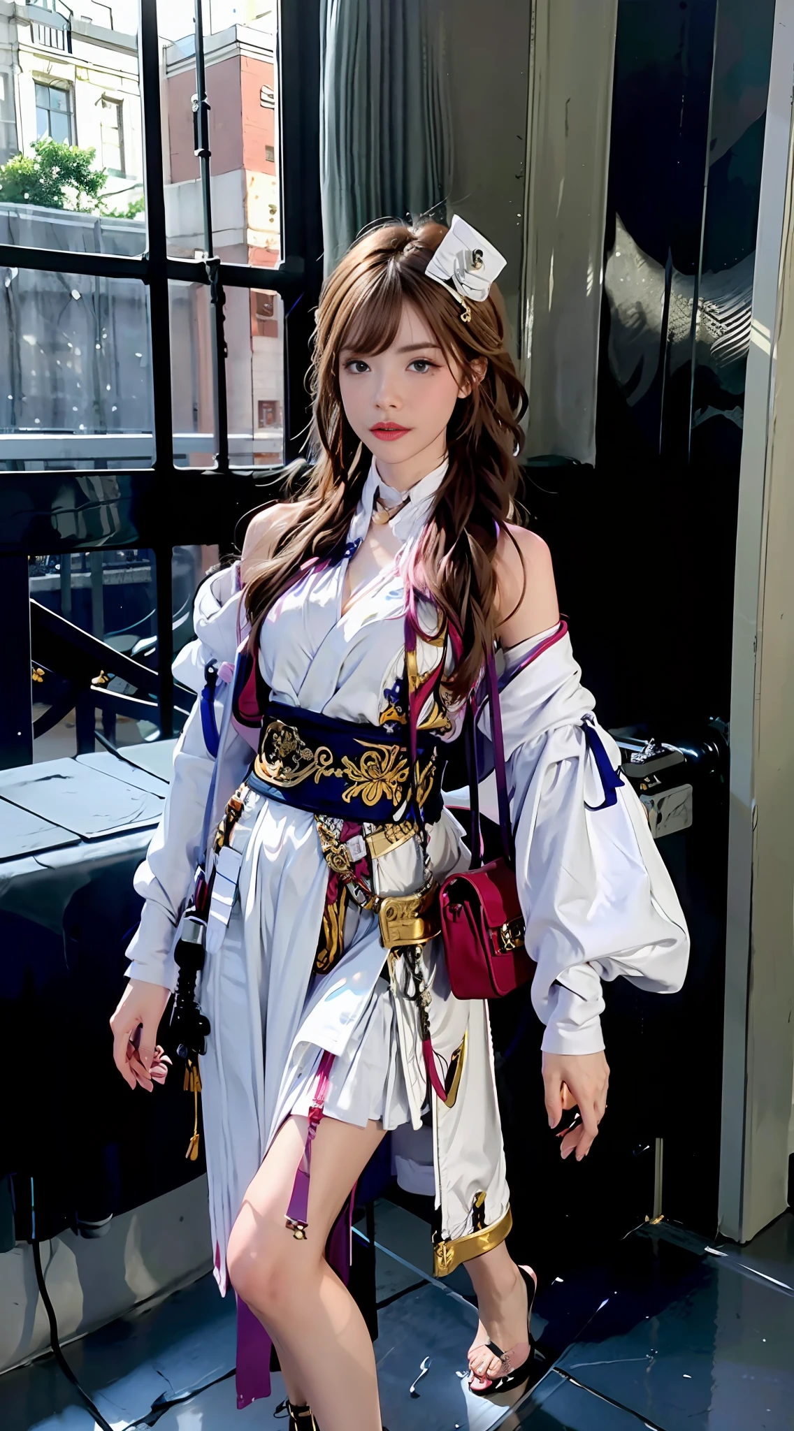 A girl in a green dress gets on one knee,The sword was stuck in the ground,Head slightly raised,Girl all over, White skin, Under lightning, Shattered royal palace,Chinese-style architecture, Hair and robes flowing, photorealestic,storming,flowing robe,very vey very detailed face,The perspective is slightly from top to bottom,Barefoot