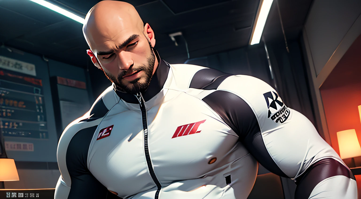(quality: k hd), tightsuit, skinny pants, lbeard, muscular male hero, The lines are obvious,  mature, agony，body full，musculous, struggling，futile。