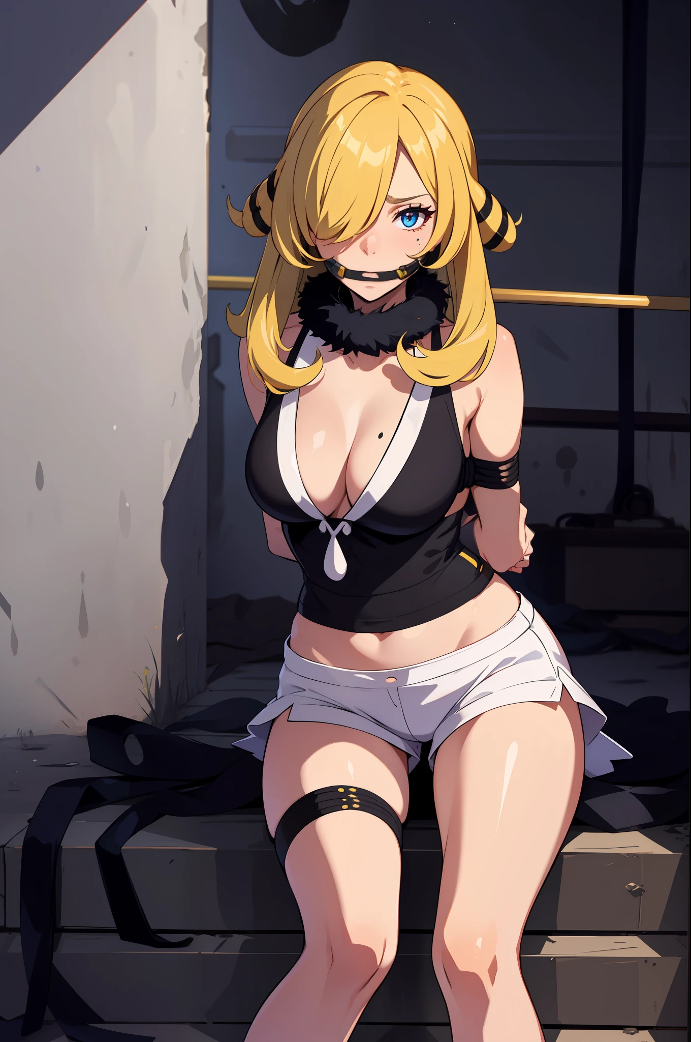 bound arms, Behind the arm, A high resolution, HighestQuali, illustratio, ultra - detailed, (详细的脸), (Detailed eyes),Best quality at best, ultra - detailed, tmasterpiece,1girll,Character_Pokemon_Cynthia, Hair above one eye, Burr paint, Fur collar, hair adornments, v neck,trouser,Cord,Bondage,BDSM,gag,tape gag,horrified expression,Barefoot,struggling,perspire,Hands and feet are tied,In a dimly lit basement,Cynthia(/Pokemon/)