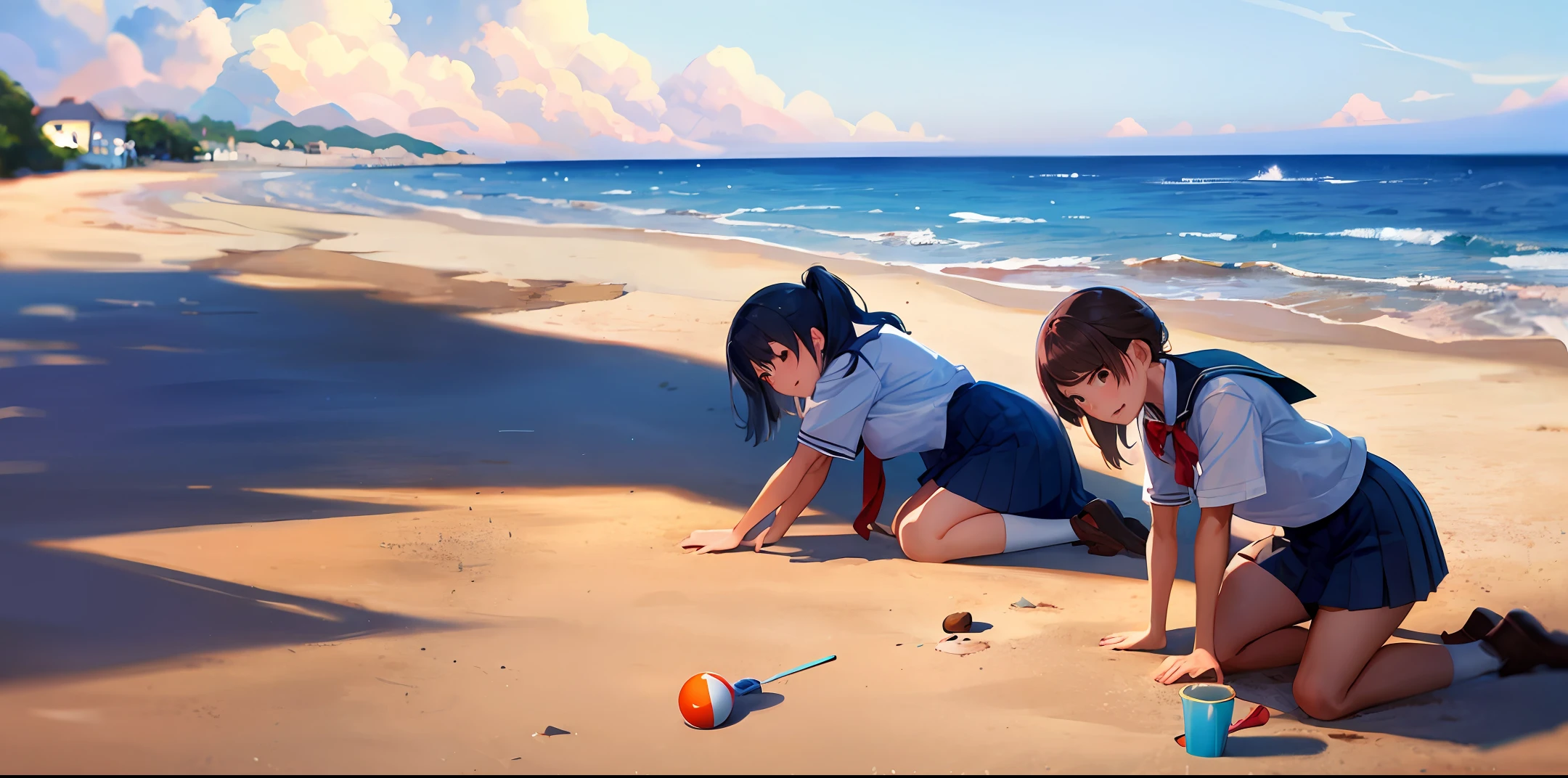 beachside,evening light,schoolgirls,grieves