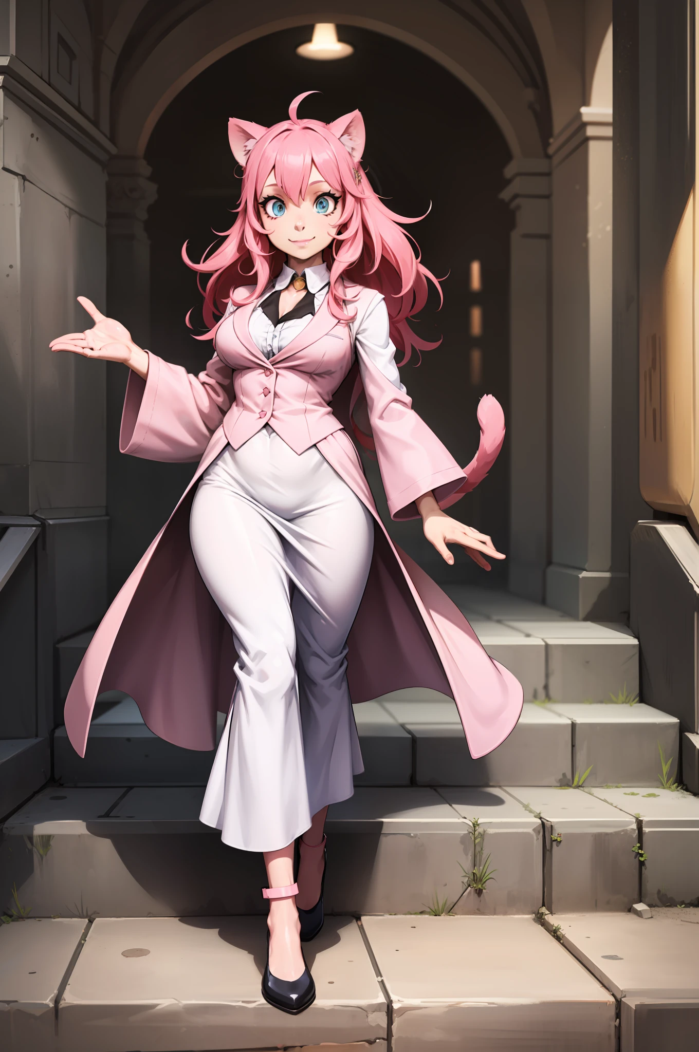 catgirl, furry, toon, cartoon, pink hair, walking,, lion tail, cat ears, animal nose, coat, vest, smile, long dress, long robe, long skirt, priestess, religiouse