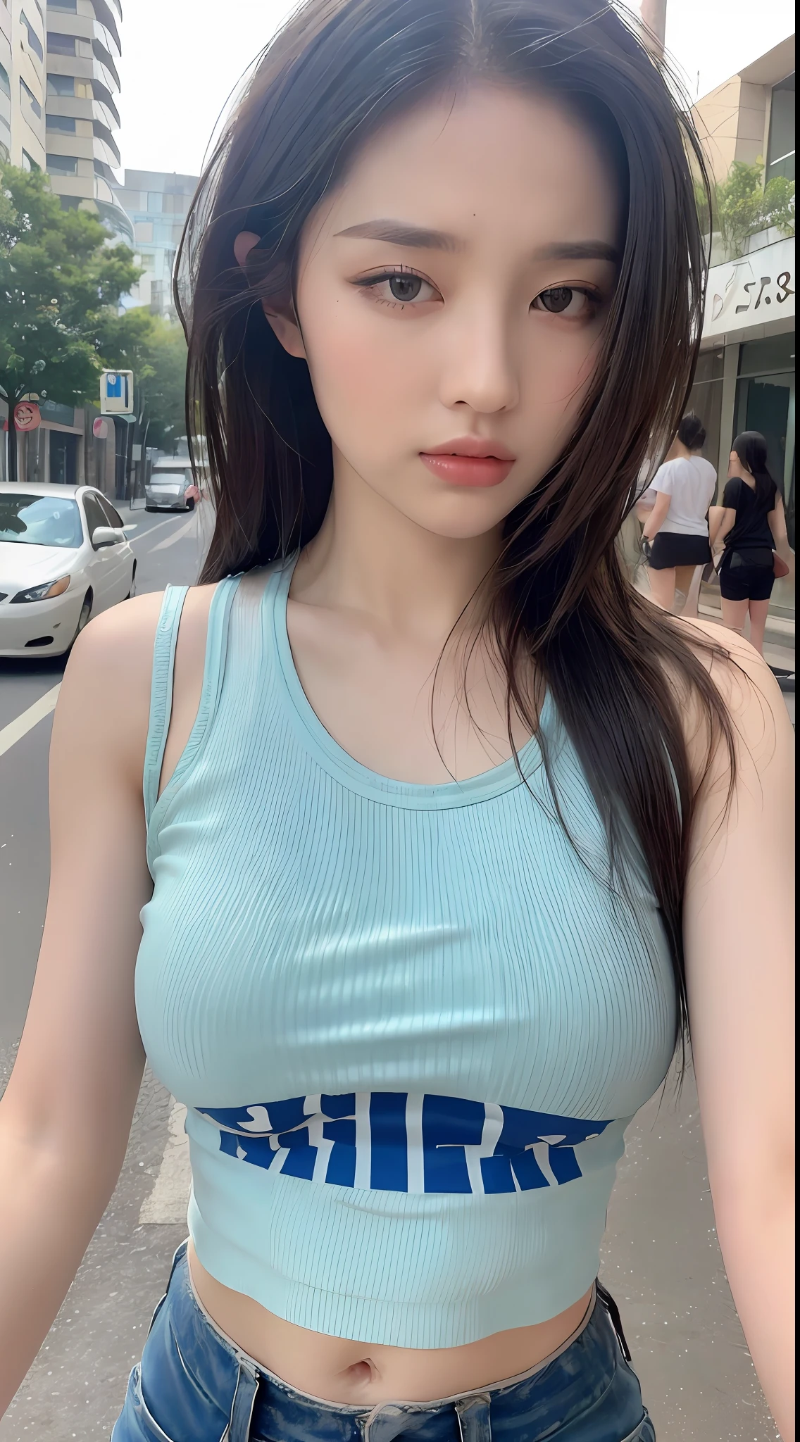 ((Best quality, 8k, Masterpiece :1.3)), Sharp focus:1.2, Perfect Body Beauty:1.4, Slim Abs:1.2, ((Layered hairstyle, ???????????:1.2)), (Tank top shirt:1.1 ), (Street:1.2), Highly detailed face and skin texture, Fine eyes, Double eyelids, basketball jersey, holding a basketball,