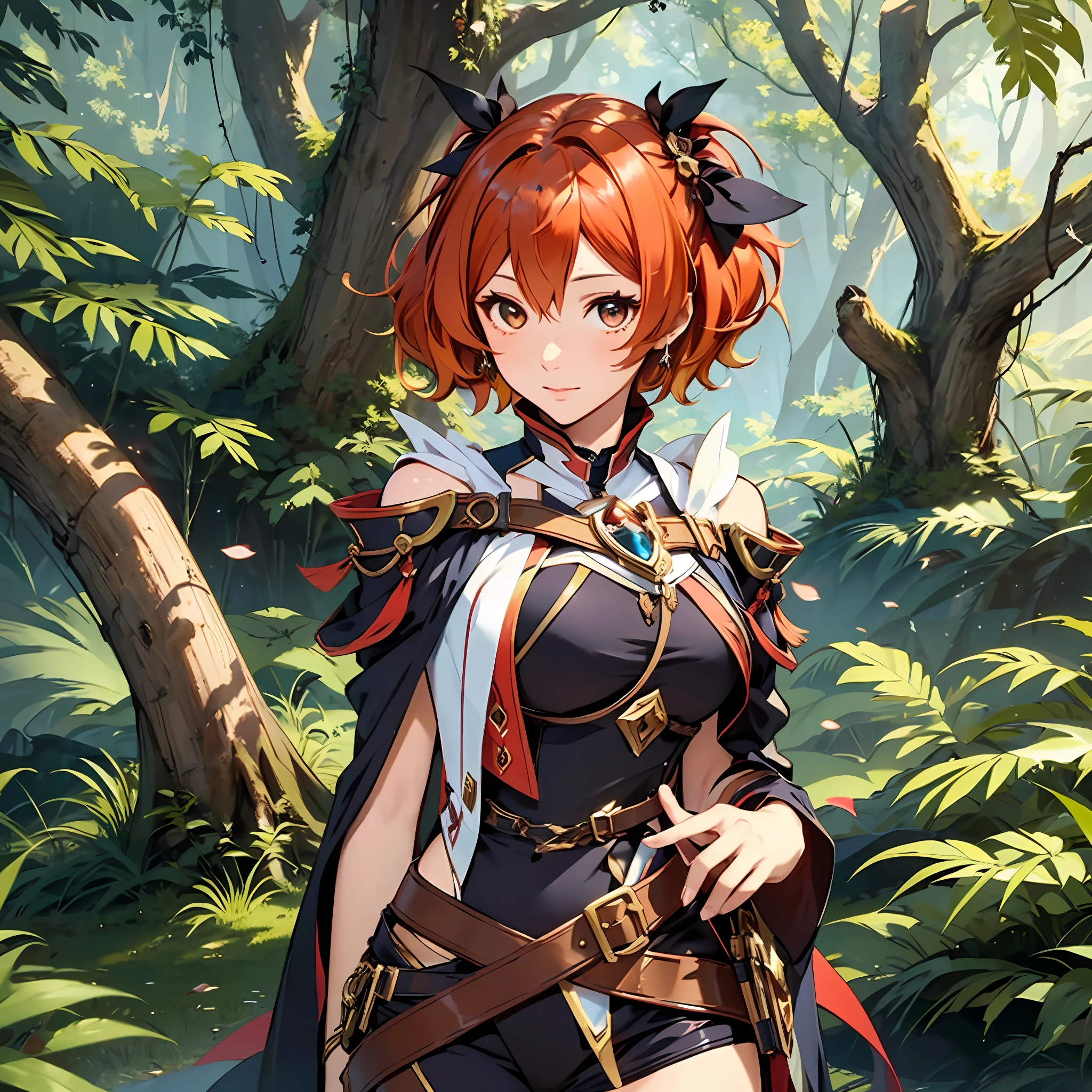 masterpiece, best quality, 1woman, adult, female focus, solo, short red hair, vibrant brown eyes, looking at viewer, closed mouth, Fantasy aesthetics, Highly detailed, shadowverse style, brown attire, ranger attire