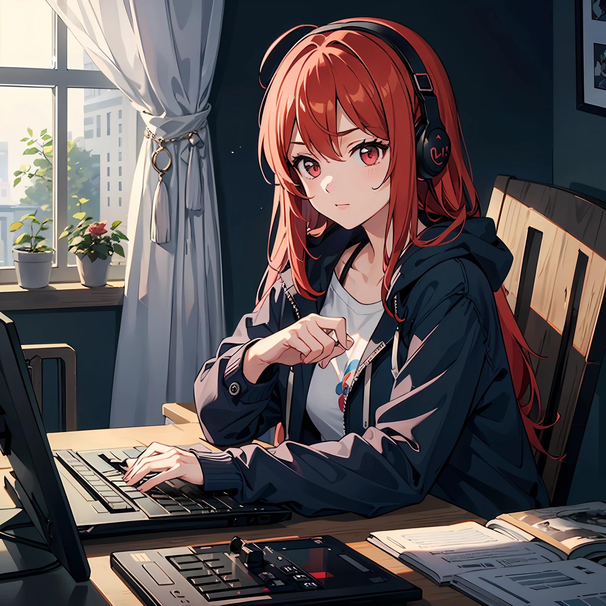 (high quality)(contains all tags and details metioned below),a single cool pretty anime girl ,decent lovely face,lean to the right side,in a cool coat,playing a computer,hands on keyboard ,detailed fingers ,five fingers each hand ,bright red hair ,bright red eyes,cute focus emotion,head phone ,in a girl's home,cute decorations ,window covered by the curtain as a background,soft cosy lights and shadows,red and blue colors
