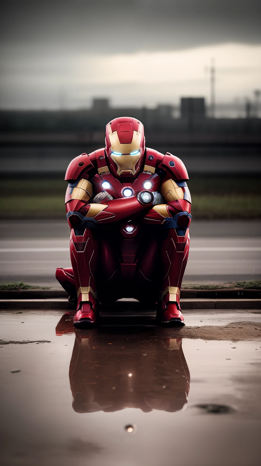 ironman sitting on the ground, in worn and very old clothes, negative mood, guilt, heavy rain, soft particles, in the evening, wet reflective earth, artistic image, against the background of a battlefield, closeup