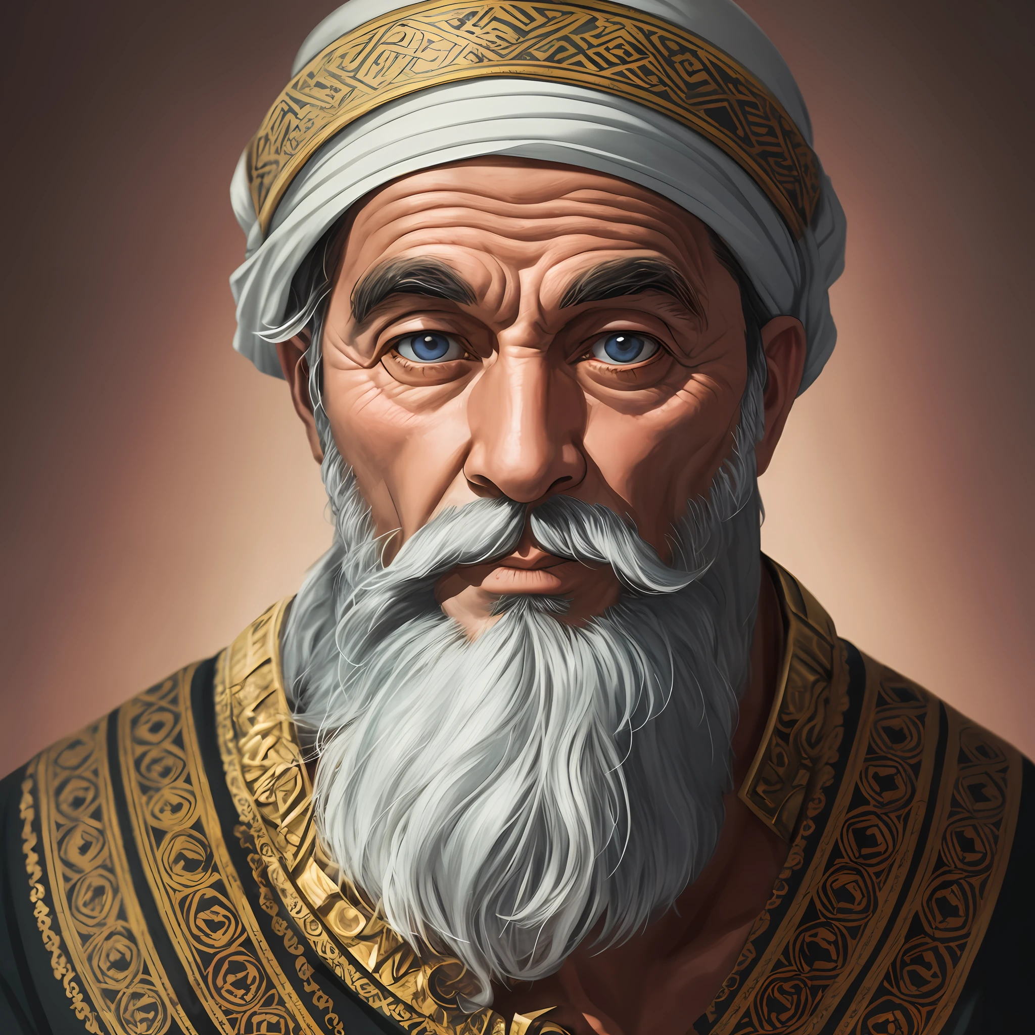 Um retrato de um homem, barbudo, enrugado, envelhecido, estilo antigo, oriente medio, persia, com olhos penetrantes, rosto detalhado, detalhes altos, fotografia, luz natural, Nikon D850, 50mm, f/1.4 --auto