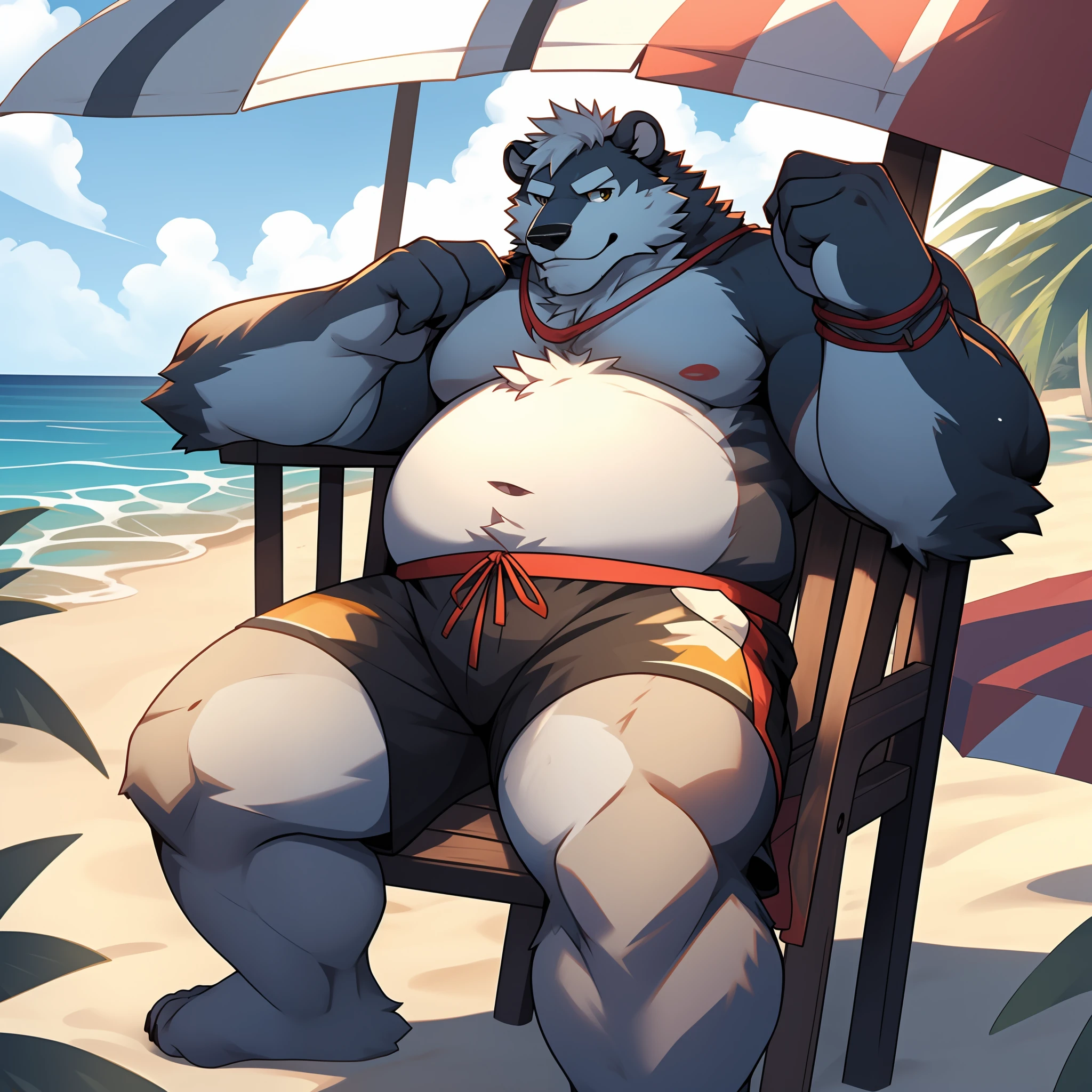 White polar bear,Lie under an umbrella,Stout body,White hair,Chubby face,Strong body,Soft belly,Beach faction,Blue beach shorts,coconut palms,swell sea