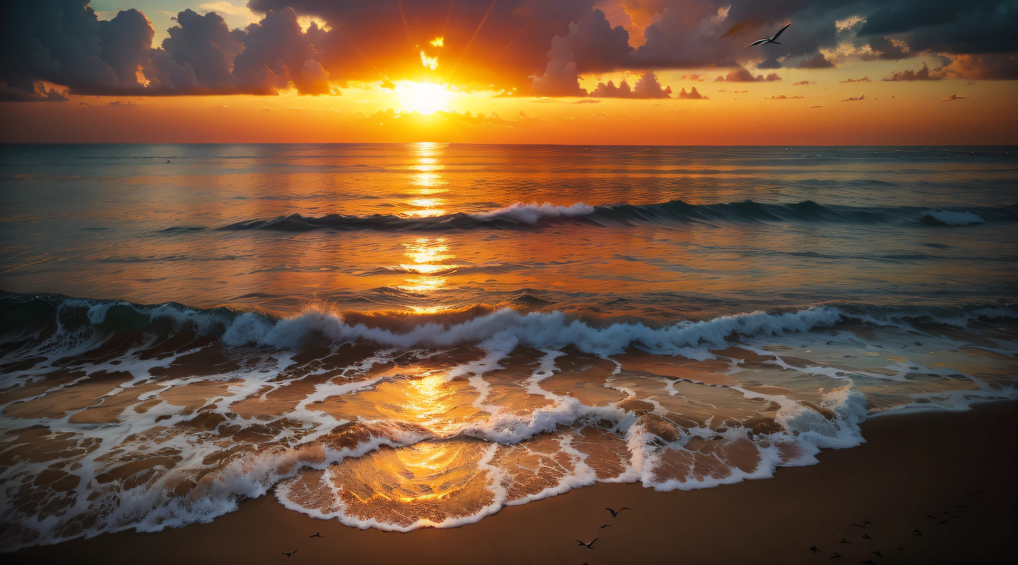 An absolutely mesmerizing sunset over the beach, with a blend of oranges, pinks, and yellows filling the sky. Crystal-clear waters of the sea gently kissing the shore, with sandy white beach stretching far and wide. The scene is dynamic and breathtaking, with seagulls soaring high in the sky and gently swaying palm trees. Take in the calming atmosphere and let the peacefulness wash over you.