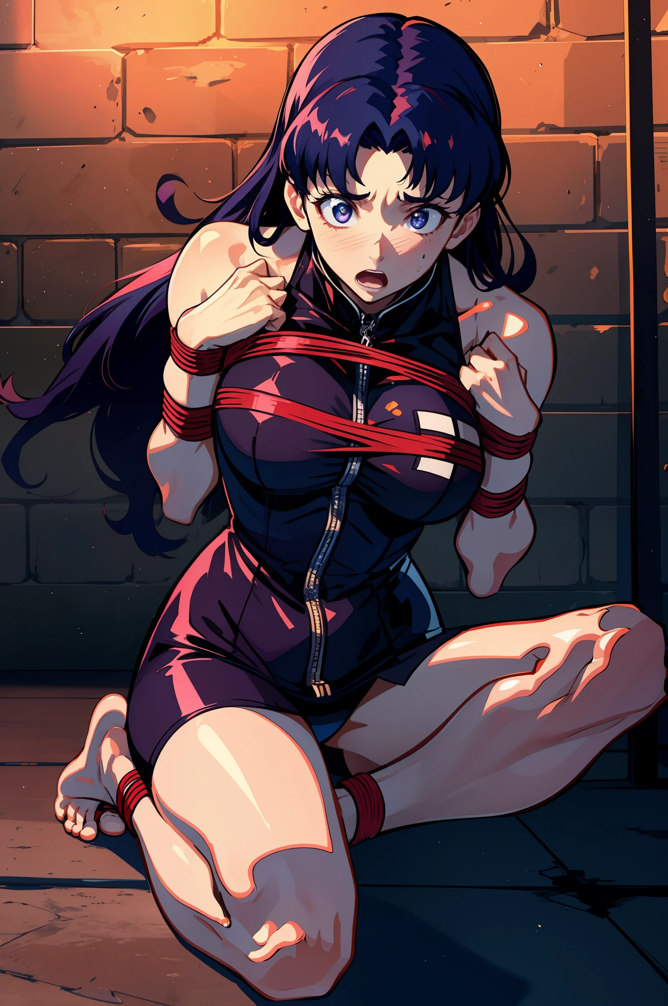 bound arms, Behind the arm, A high resolution, HighestQuali, illustratio, ultra - detailed, (详细的脸), (Detailed eyes),Best quality at best, ultra - detailed, tmasterpiece,1girll,Cord,Bondage,BDSM,gag,tape gag,horrified expression,Barefoot,struggling,perspire,legs standing together,Hands and feet are tied,In a dimly lit basement,Katsuragi_Misato