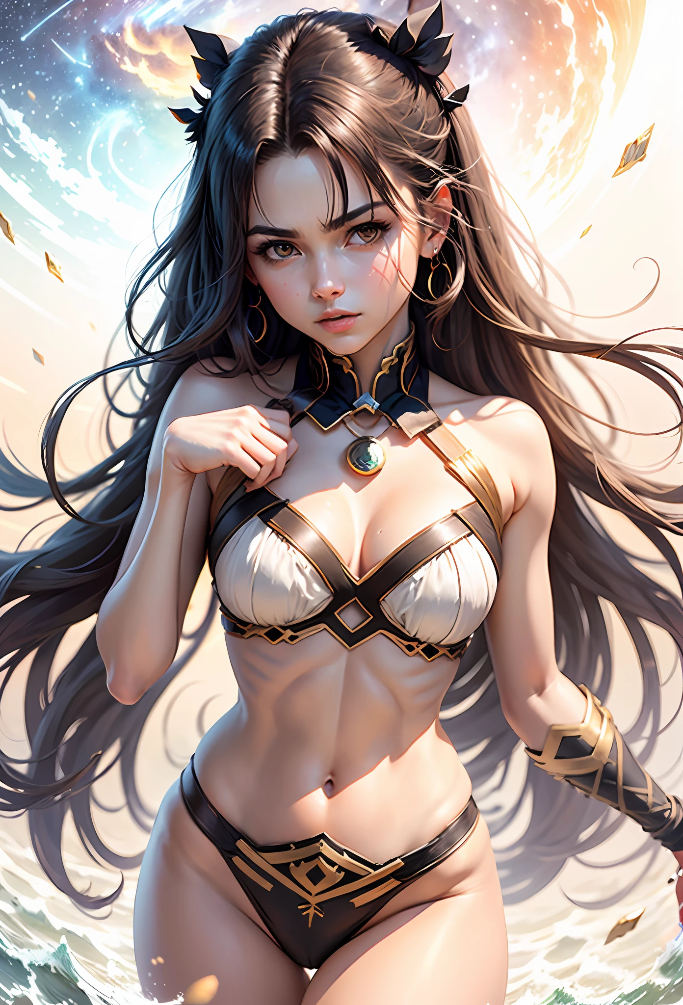 (amazing quality, breathtaking masterpiece), high resolution, ultra-realistic, Ishtar of Fate Series, corpo inteiro, usando uma roupa deslumbrante, dynamic pose, flowing hair, joias reluzentes, Standing in a grand celestial setting, cosmic dust and stars in the background.