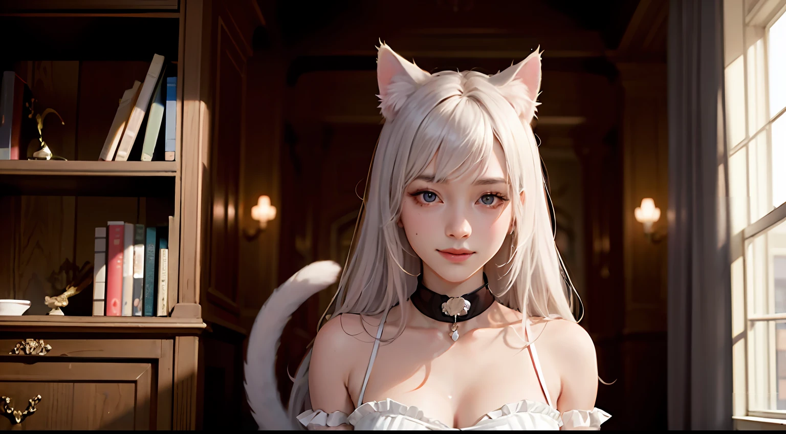 Super beauty,double tails,, Moles under eyes, Cat ears, Smile,Chiaroscuro,, 1080p, Anatomically correct, Masterpiece, High quality,Empty bookshelf,sobu --auto