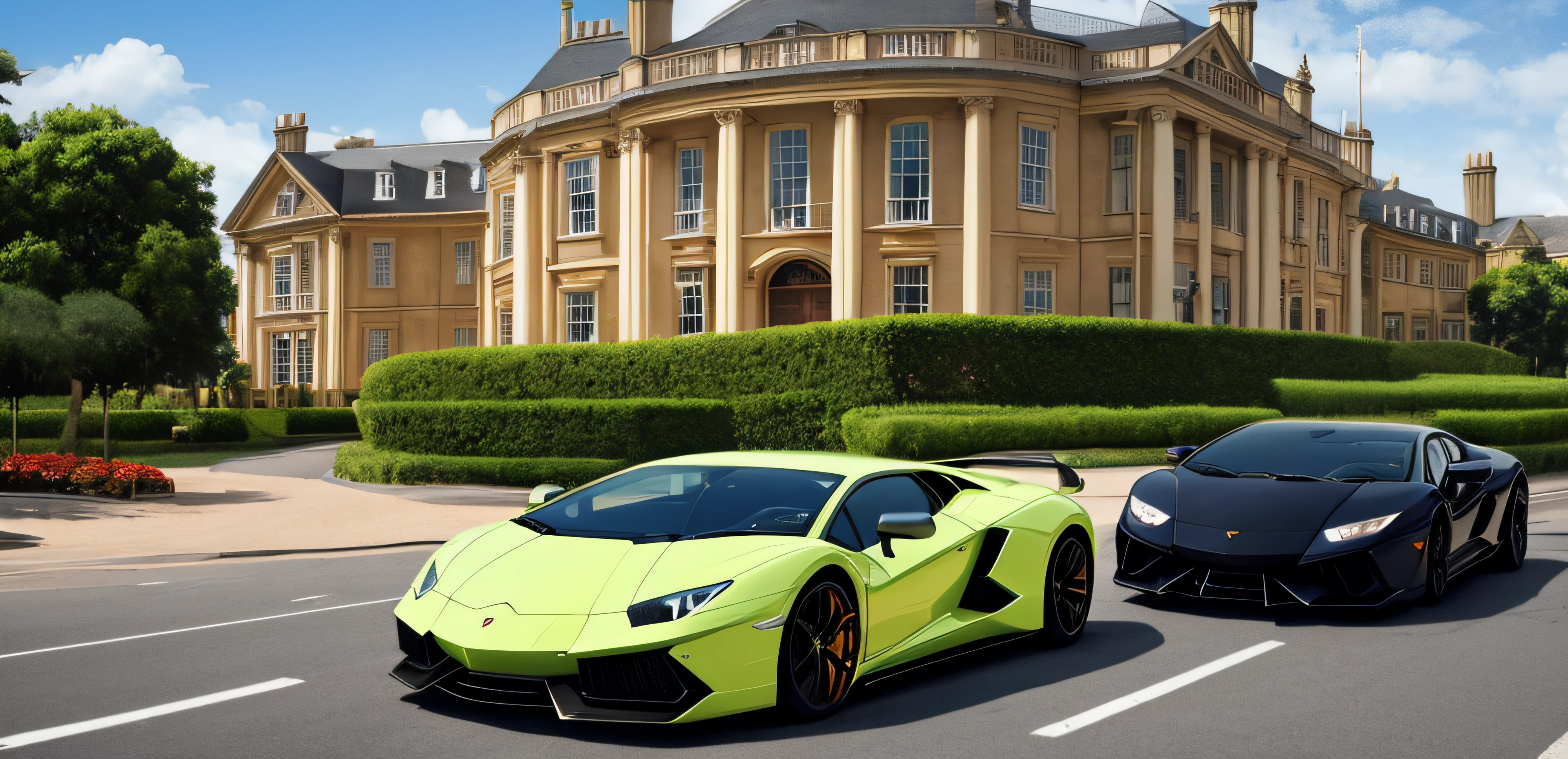 Lamborghini in front of the mansion house, plantas no fundo --auto