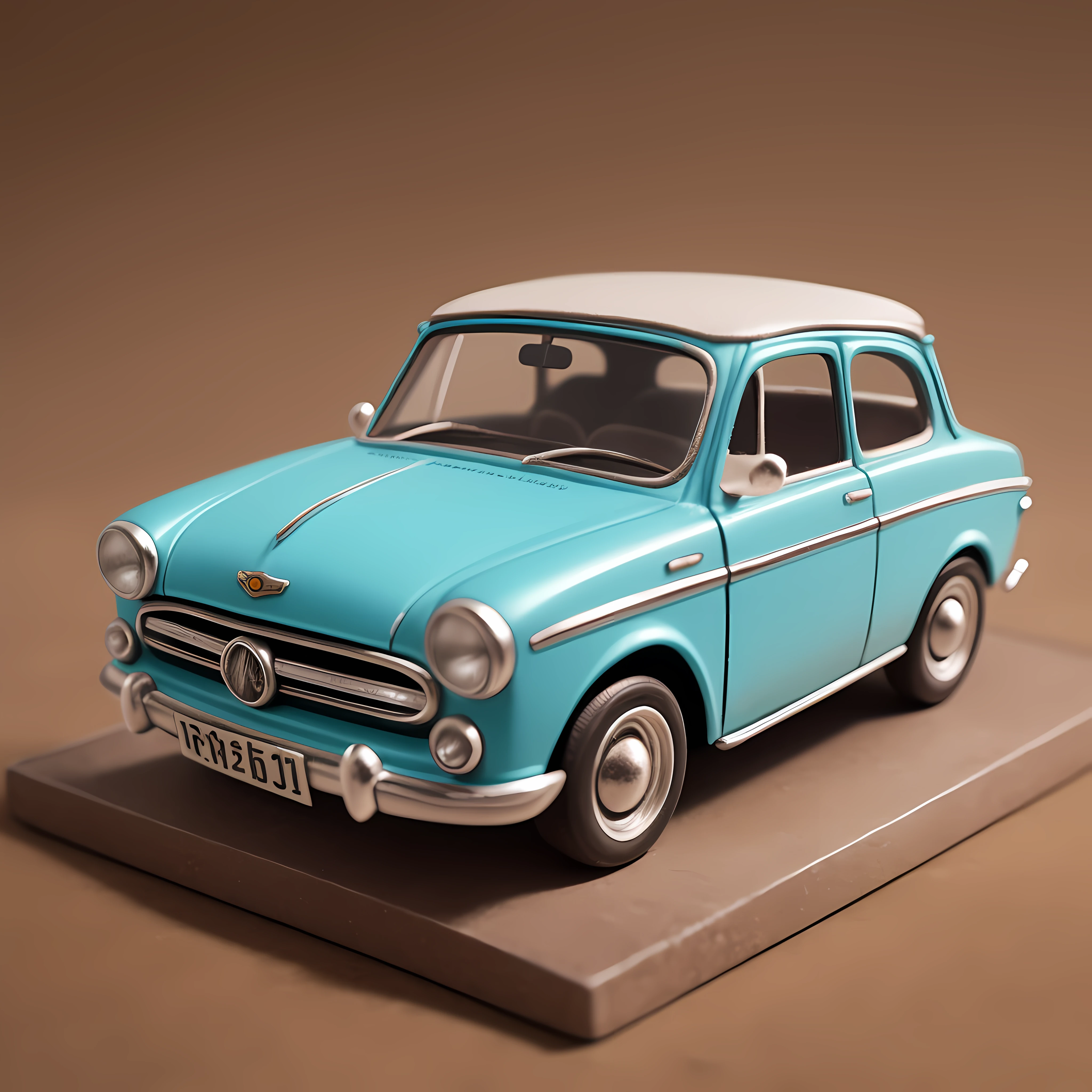 A small toy car, dentro de una caja ciega, placed on a small pedestal, sobre un fondo blanco limpio, iluminado por luz artificial. The artwork is top photographic quality, Capturando cada intrincado detalle del coche de juguete.