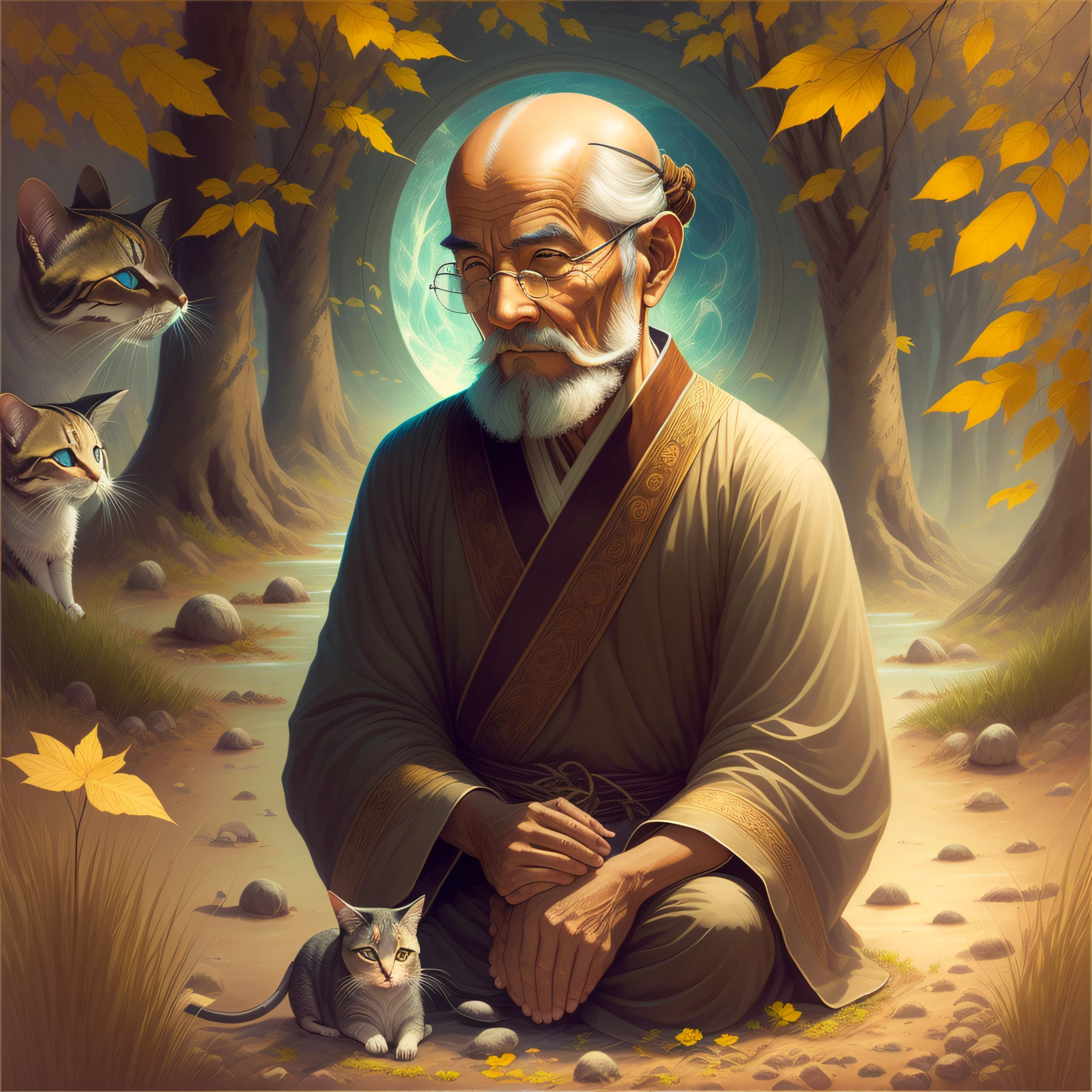 (best illustration, highly detailed), portrayal of an old man who exudes the wisdom and calming aura of a monk, exudes warmth and kindness, beckoning viewers to follow his lead. --auto