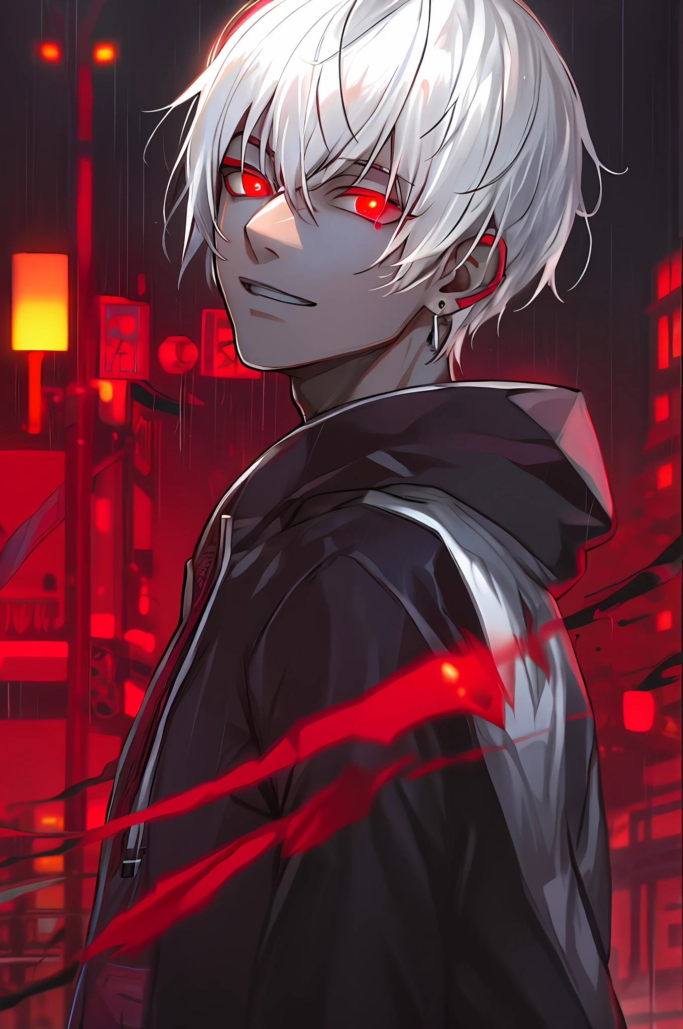 Anime boy with white hair and red eyes standing in the rain, with red glowing eyes, with glowing red eyes, kaneki ken, kaneki ken, Badass anime 8 K, style of anime4 K, Anime art wallpaper 8 K, Best anime 4k konachan wallpaper, His eyes were red，with light glowing, 4K anime wallpaper, white haired Cangcang, with glowing eyes，Wearing eight-star earrings