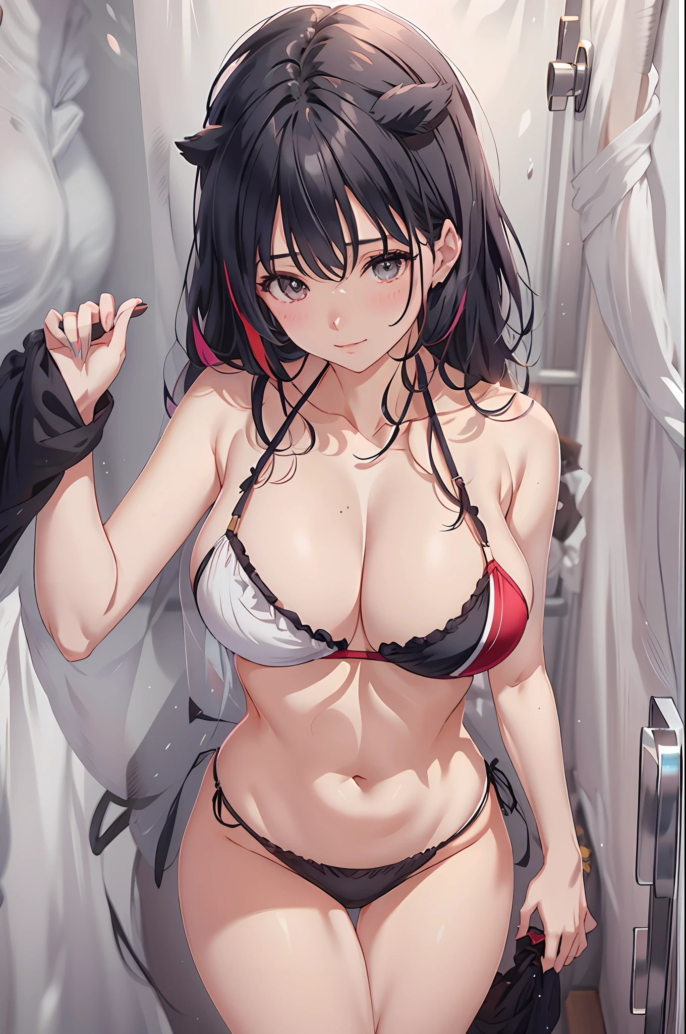 Anime girl posing in white bikini in bathroom, seductive anime girls, oppai, New Xiangcheng, Best Rated on pixiv, realistic bikini, saori, at pixiv, Oppein Proportions, thicc, Female protagonist 👀 :8, [ 4 K digital art ]!!, pixiv 3dcg, Big breasts!, the breasts are large，Cute animal ears，A faint blush，Short hair in multicolored colors，cleavage，Translucent underwear, panties，