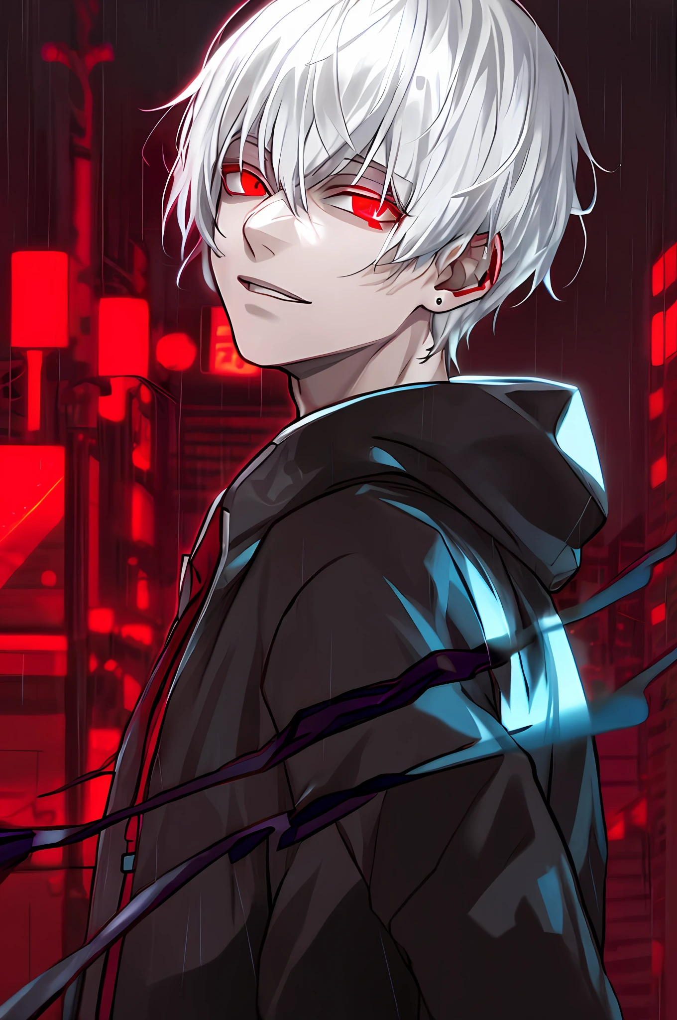 Anime boy with white hair and red eyes standing in the rain, with red glowing eyes, with glowing red eyes, kaneki ken, kaneki ken, Badass anime 8 K, style of anime4 K, Anime art wallpaper 8 K, Best anime 4k konachan wallpaper, His eyes were red，with light glowing, 4K anime wallpaper, white haired Cangcang, with glowing eyes，Wearing eight-star earrings
