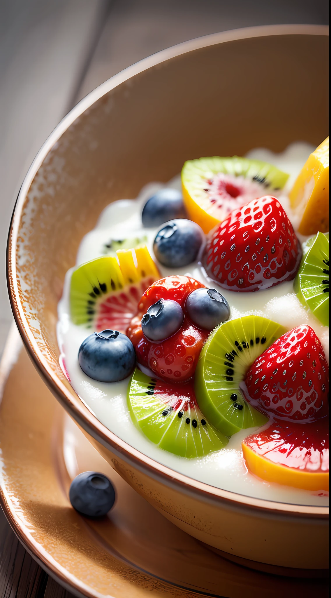 (((Multi-layered jelly))) glass, stained glass windows, Multi-colored highlights, tmasterpiece, Top Quality, Experience, Chic, Boho-chic, a gold, utensil, kettle, a cup, plate, crystals, with floral print, 2 tablespoons chia seeds 1 cup milk (can be cow's milk, vegetable milk or yogurt) 1 teaspoon vanilla extract of your choice (optional) Chopped fresh fruits (For example, strawberries, kiwi, mango, blackberry, raspberry, cherry, carom, blueberries, etc.) Marengo, cookies, for topping --auto --s2