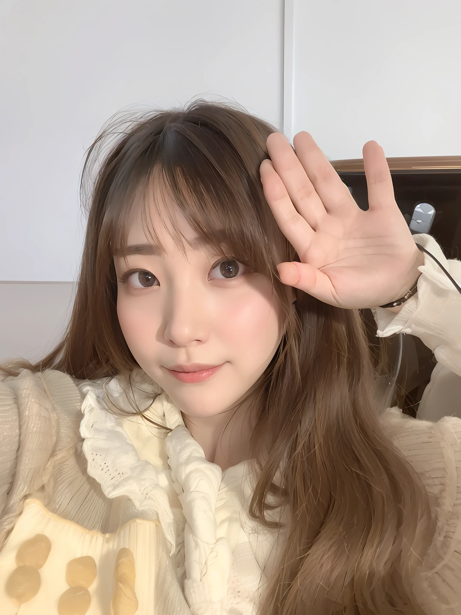 There was a woman who raised her hand to her head, 8k selfie photograph, chiho, waving at the camera, young lovely Korean faces, selfie of a young woman, wave a hand at the camera, with index finger, She is facing the camera, with cute - fine - face, clear cute face, tzuyu from twice