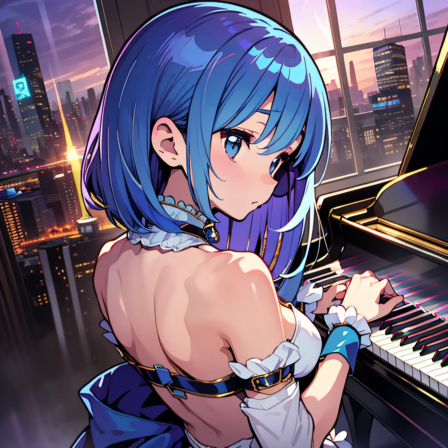 NSFW、1girll、A dark-haired、straight haired、student clothes、（Half Atsu：1.2）、（Big ass：0.8）、panties on、panties aside、（Glossy skin：1.2）、Sayaka Miki、Blue hair、Dreamy background、a grand piano、Lots of rapiers、Top image quality、beste-Qualit、The ultra-Highres、​masterpiece、One-man girl、antique