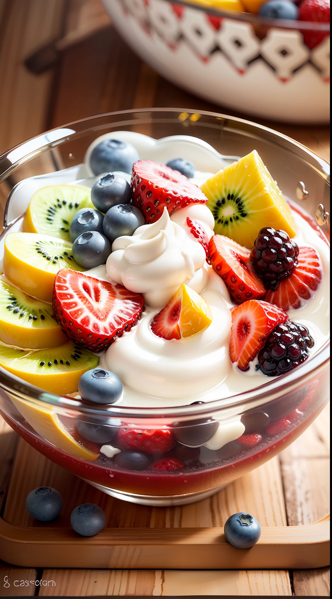 (((Multi-layered jelly))) glass, stained glass windows, Multi-colored highlights, tmasterpiece, Top Quality, Experience, Chic, Boho-chic, a gold, utensil, kettle, a cup, plate, crystals, with floral print, 2 tablespoons chia seeds 1 cup milk (can be cow's milk, vegetable milk or yogurt) 1 teaspoon vanilla extract of your choice (optional) Chopped fresh fruits (For example, strawberries, kiwi, mango, blackberry, raspberry, cherry, carom, blueberries, etc.) Marengo, cookies, for topping --auto --s2