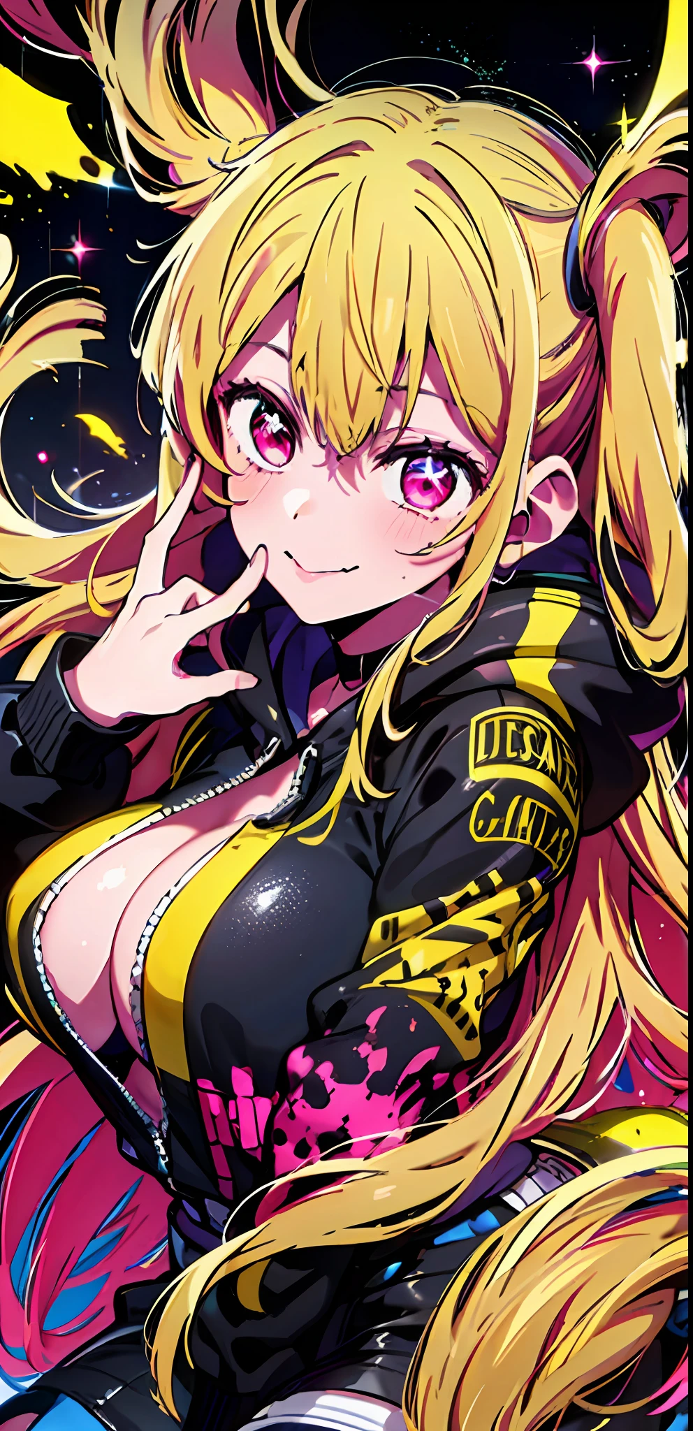 Original Character , 1girl, (mad smile:1.2) , blond hairbl , By bangs , Mad eyes , Place your hands on your face , Yellow blood splattered on the face, Yellow and black color scheme, with her mouth open, (largeeyes:1.2), glowing light eyes, Left star-shaped eye, Star-shaped eyes, Pink eyes,huge tit,Big ass,Ai Hoshino,head portrait