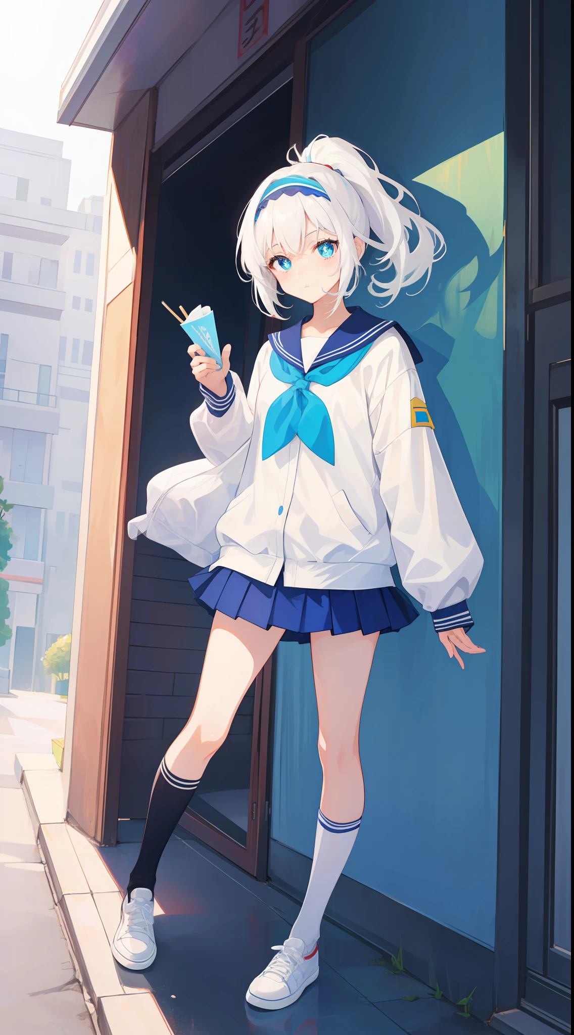 Anime characters with white hair and blue eyes, anime visual of a cute girl, Anime moe art style,Girl with short white hair, Shoujo white hair young anime girl, official character art,Heterochromic pupils,Wear high-top canvas shoes,White sailor suit,Short pleated skirt,blue accents,red hairband,your legs,flatchest,Short ponytail hair,White high-top flats in hand,chiquita,Full body photo