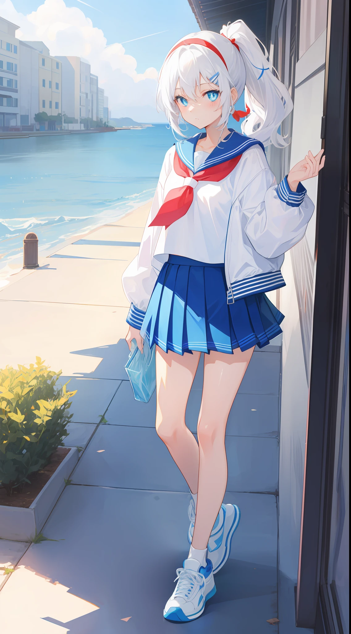 Anime characters with white hair and blue eyes, anime visual of a cute girl, Anime moe art style,Girl with short white hair, Shoujo white hair young anime girl, official character art,Heterochromic pupils,Wear high-top sneakers,White sailor suit,Short pleated skirt,blue accents,red hairband,your legs,flatchest,Short ponytail hair,White high-top flats in hand,chiquita,Full body photo