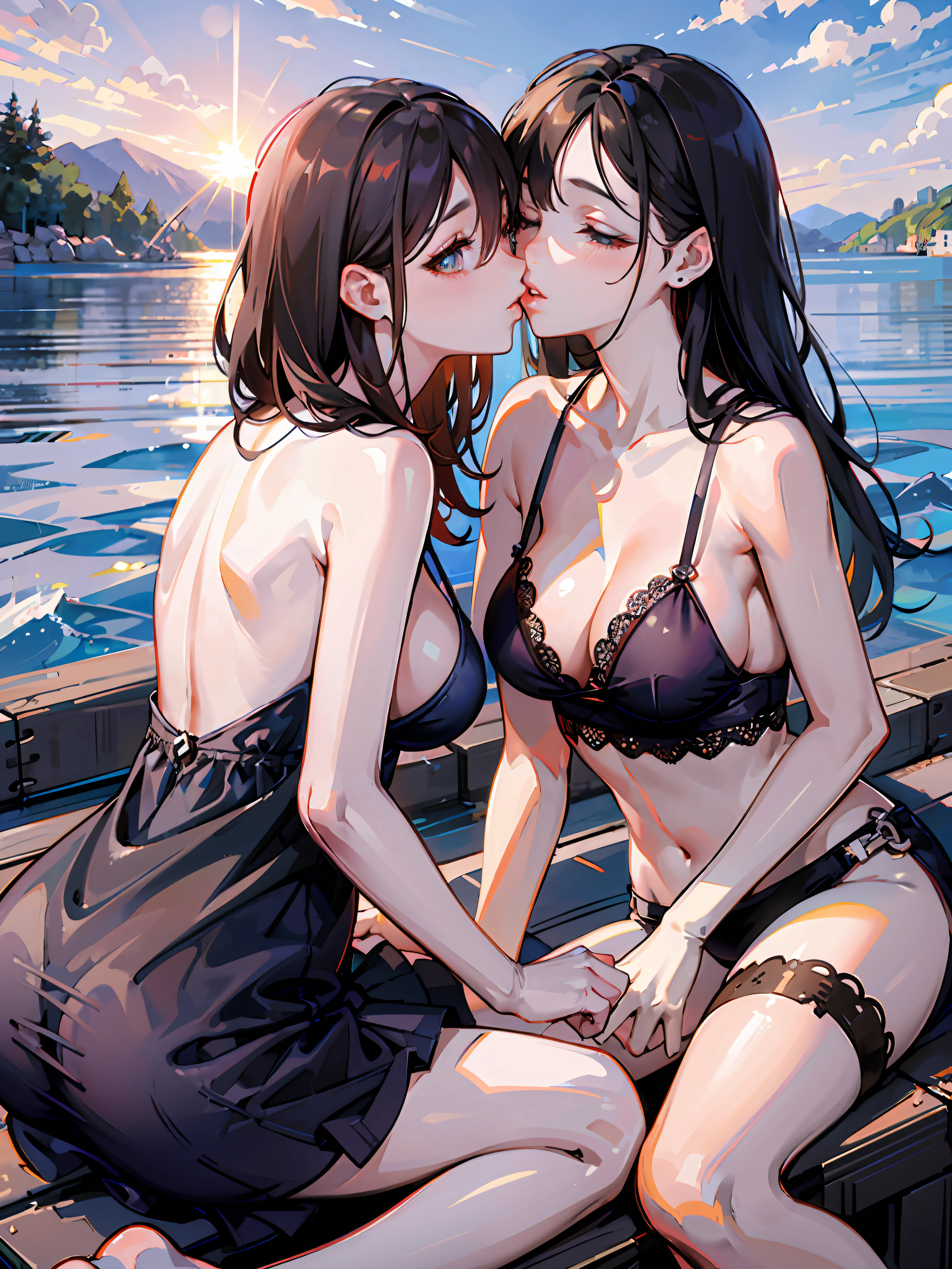 Anime image of two women in long-term clothes sitting on the dock, two beautiful anime girls, Lesbian art, kissing together cutely, Ecchi anime style, [ 4 k digital art ]!!, Lesbian kiss, Kantai Collection Style, Anime Girls, Two girls, Ecchi, Safic Art, alena aenami and lilia alvarado