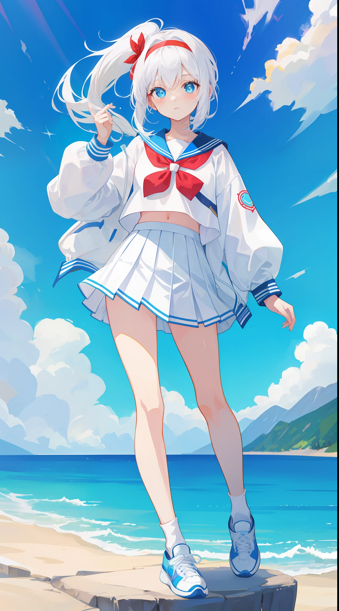 Anime characters with white hair and blue eyes, anime visual of a cute girl, Anime moe art style,Girl with short white hair, Shoujo white hair young anime girl, official character art,Heterochromic pupils，Wear high-top sneakers，White sailor suit，Short pleated skirt，blue accents，red hairband，your legs，flatchest，Short ponytail hair，White high-top flats in hand，chiquita，Full body photo