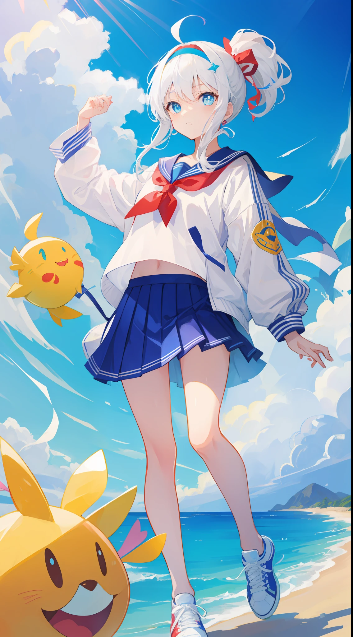 Anime characters with white hair and blue eyes, anime visual of a cute girl, Anime moe art style,Girl with short white hair, Shoujo white hair young anime girl, official character art,Heterochromic pupils,Wear high-top sneakers,White sailor suit,Short pleated skirt,blue accents,red hairband,your legs,flatchest,Short ponytail hair,White high-top flats in hand,chiquita,Full body photo