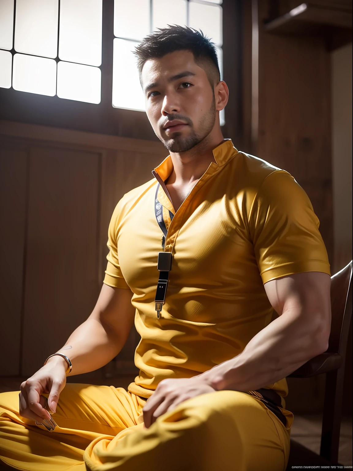 （best qualtiy，tmasterpiece），（Ultra-detailed colors），A handsome 35-year-old Chinese astrologer meditates around the totem of the second house of the ecliptic，Constellation Temple，ultra-realistic realism，observatory，Futuristic Asian Star Wars city background，Men's bright gold translucent pliers，large bulge，stubbles，Hairy Thighs，Very attractive，hdr，Dramatic lighting，Art Station trend，CGSociety trends，Professional photography