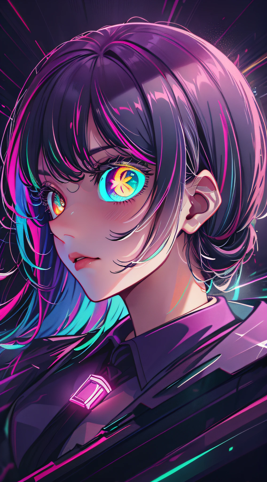 (Masterpiece: 1.3), (Beautiful: 1.2), (High quality: 1.2), (Details: 1.2), (offcial art: 1.2), (Beautiful eyes, Heterochromia: 1.5), (Glowing eyes: 1.1), Attractive Profile Picture, Shiny hair, mud, Whole body diagram,Blush, Embarrassing, Iris Hair, White and green gradient hair, best detail, High contrast, Bright eyes, Medium Bright, dressed in a suit, neon cold lighting, Backlight, Rays, (Colorful), Gradient, Fault art, (Digital distortion), pixelated fragments, corrupted data, colorful noise, visual chaos, modern aesthetics, domination demons