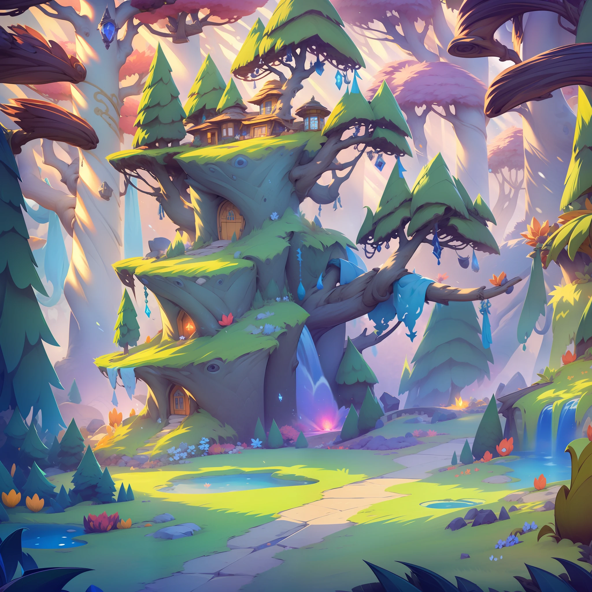 Cartoon game scenes，fantasy，The theme of the forest、buliding，In the middle is a flat ground path，angle of depression，gameicon，tmasterpiece，Epic composition，Incredible design，best qualtiy，超高分辨率，3Drenderingof，8K