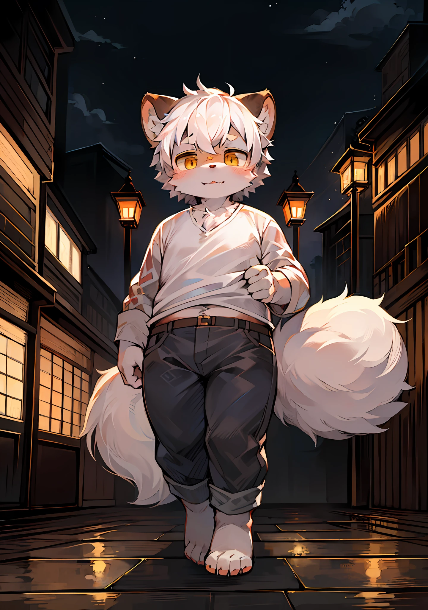 masterpiece,high quality,abstract res,digital painting\(artwork\), by dagasi, yupa,kiyosan,(anthro,fluffy fur,character focus:1.1),anthro male panda,short hair,portrait ,the night,nevando,eyes with brightness, in a panoramic view, Japanese courtyard,Pool side,outside,Character focus, 独奏, shaggy, shaggy male, coyote,fatness,malefocus,anthr,(Full Body Furry, Fluffy tail, Short tail,grey fur, Golden eyes, white color hair), (Carnivorous wolves、samurais),White top,Gray trousers,standing on your feet