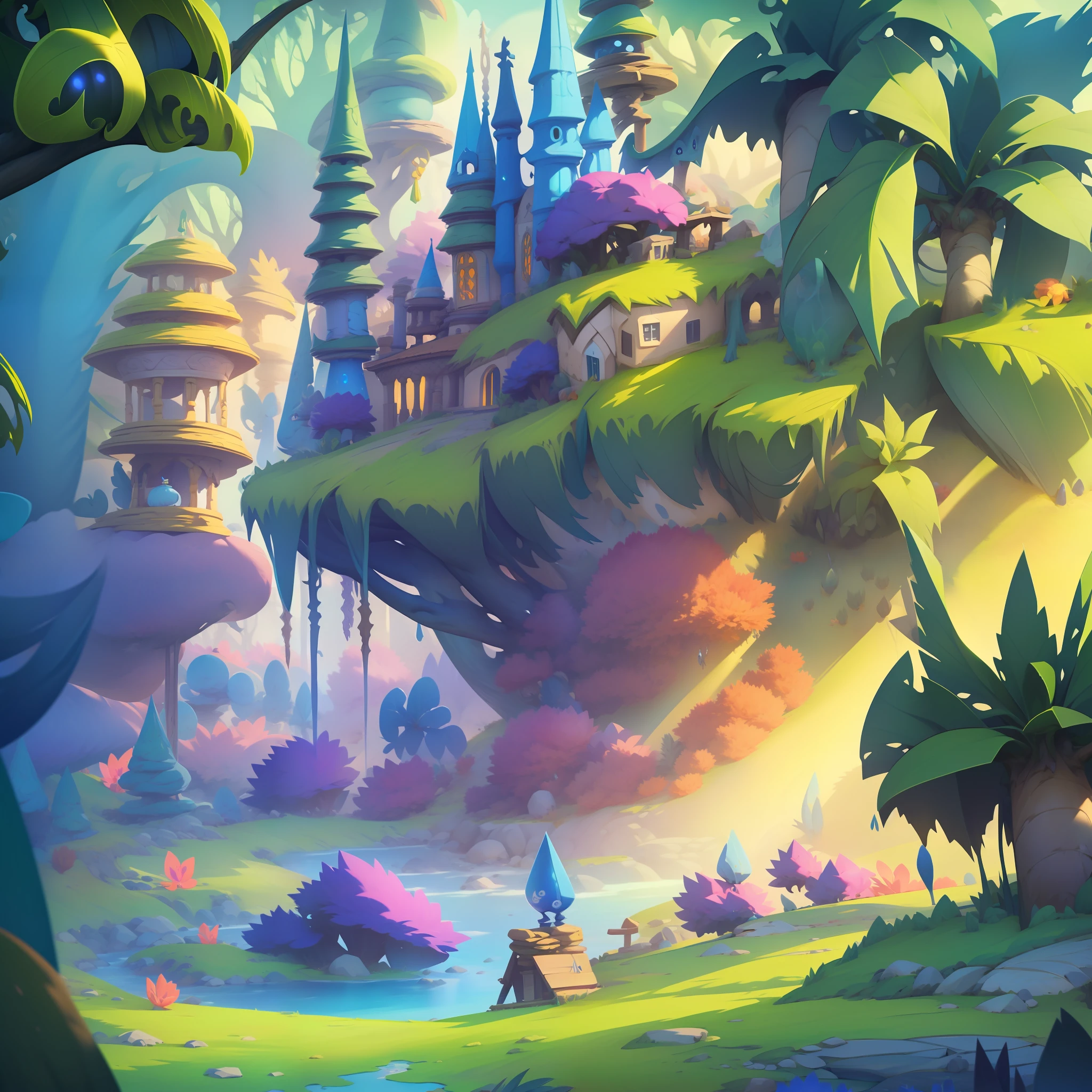 Cartoon game scenes，fantasy，The theme of the forest、buliding，In the middle is a flat ground path，angle of depression，gameicon，tmasterpiece，Epic composition，Incredible design，best qualtiy，超高分辨率，3Drenderingof，8K