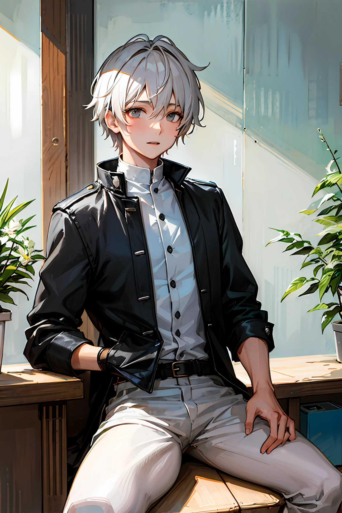 Anime male abs white hair modern short hair