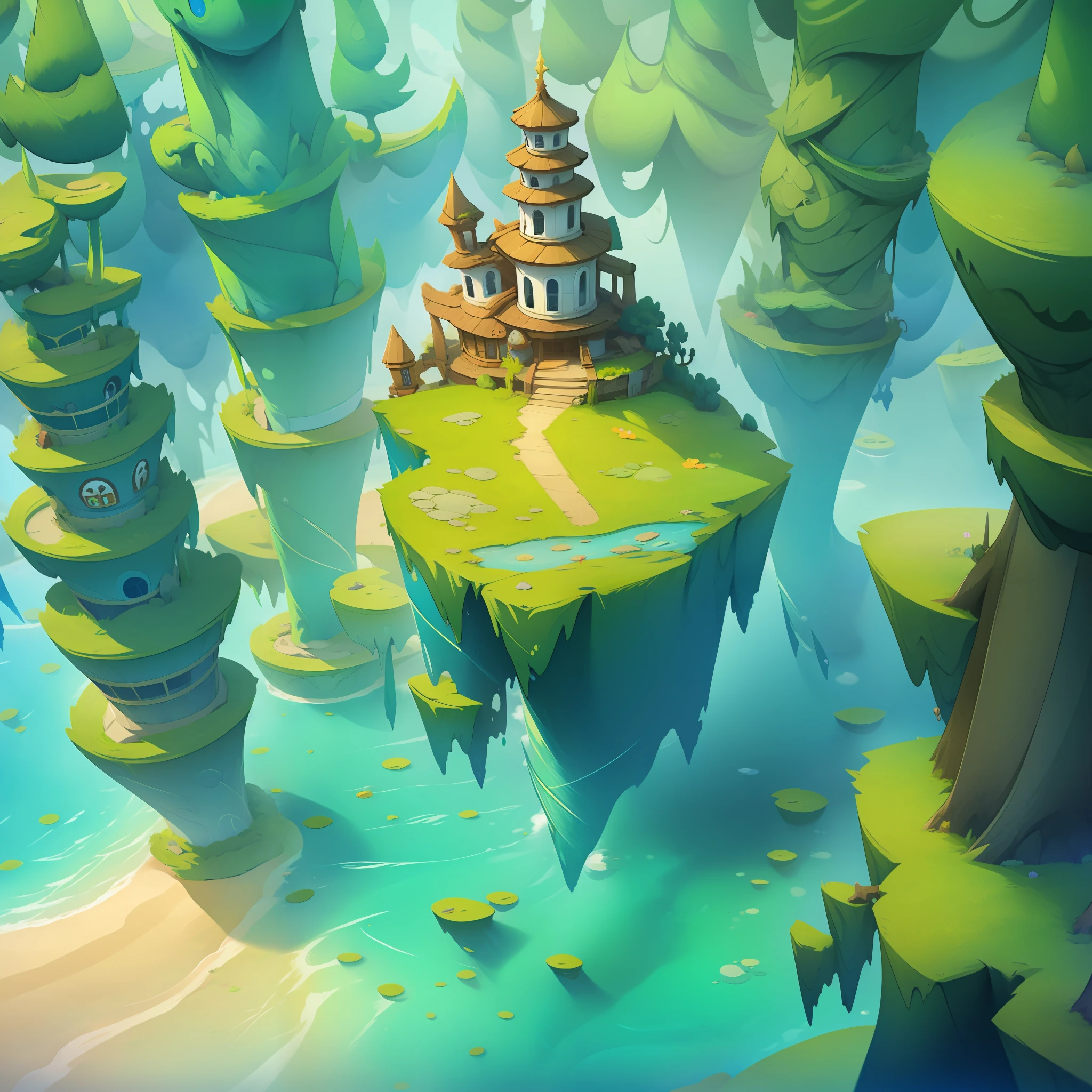Cartoon game scenes，fantasy，The theme of the forest、buliding，In the middle is a flat ground path，angle of depression，gameicon，tmasterpiece，Epic composition，Incredible design，best qualtiy，超高分辨率，3Drenderingof，8K
