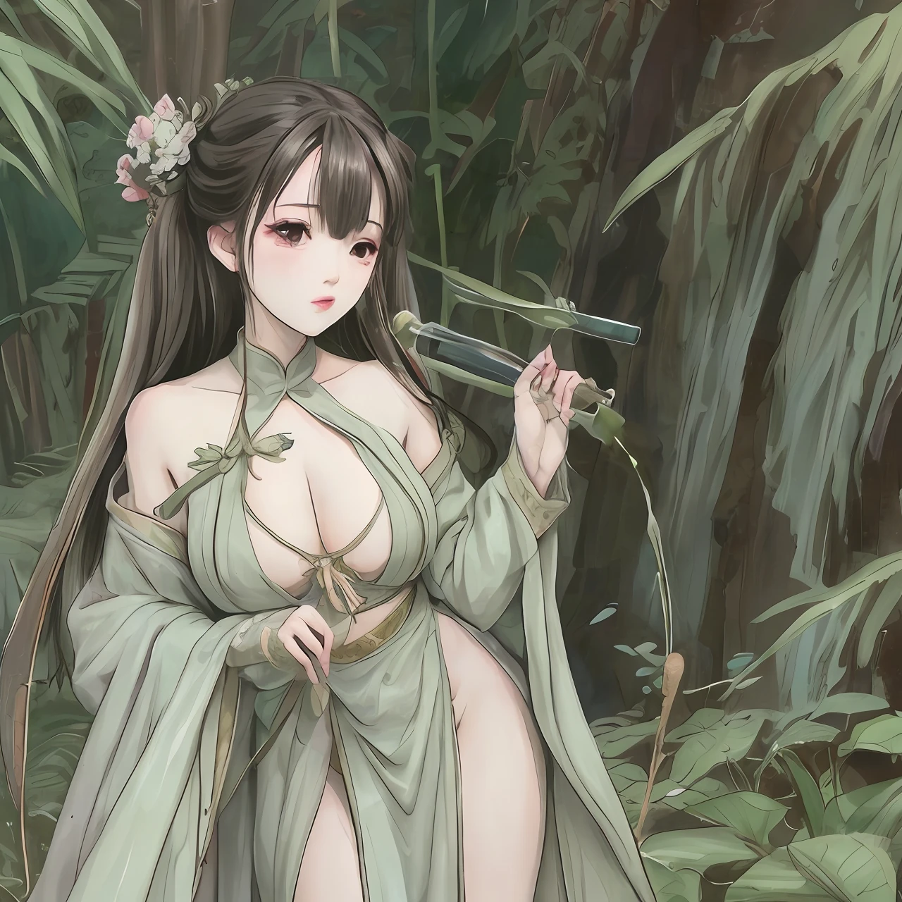 Perfect World Animation Qin Yining,Large breasts,bamboo forrest,Green palace dress leaks chest,flowingwater