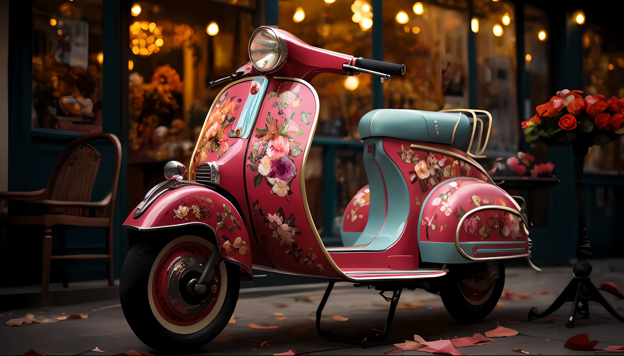 arafed scooter parked on the sidewalk in front of a flower shop, masterpiece work of art, beautifully painted, by Jason Benjamin, beautiful masterpiece, artistic masterpiece, by Lee Loughridge, details and vivid colors, portrait shot, 🕹️ 😎 🔫 🤖 🚬, by Scott Samuel Summers, very extremely beautiful, by Dean Ellis, by Tom Scott RSA