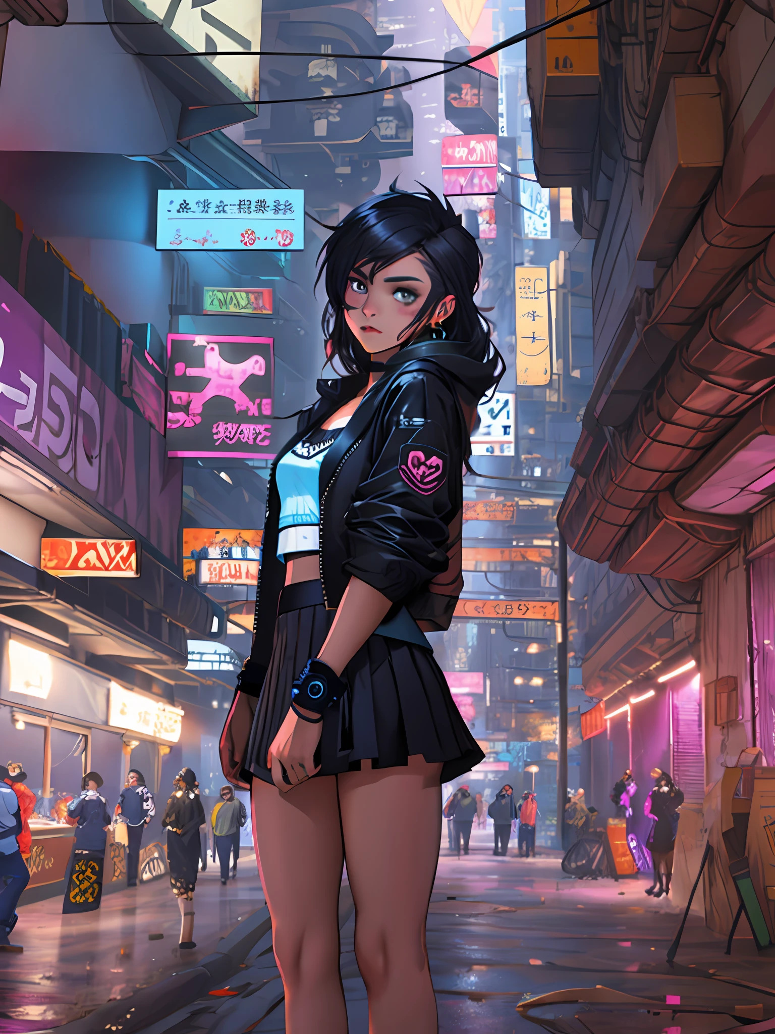 cyber punk perssonage,s girl,Lateral face,orthofacial,low chest,short skirt,neonlight,crowding street