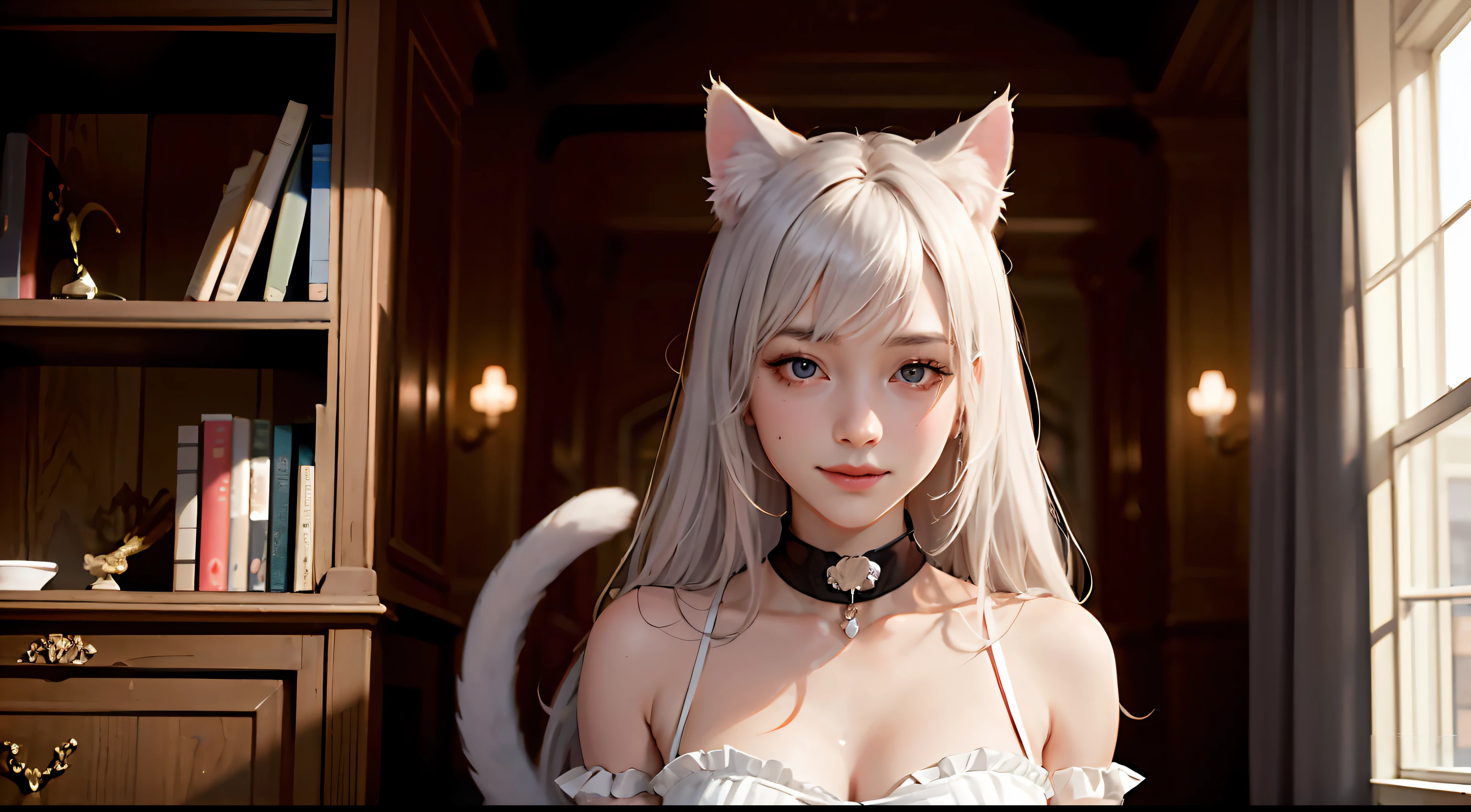 Super beauty,double tails,, Moles under eyes, Cat ears, Smile,Chiaroscuro,, 1080p, Anatomically correct, Masterpiece, High quality,Empty bookshelf,sobu --auto