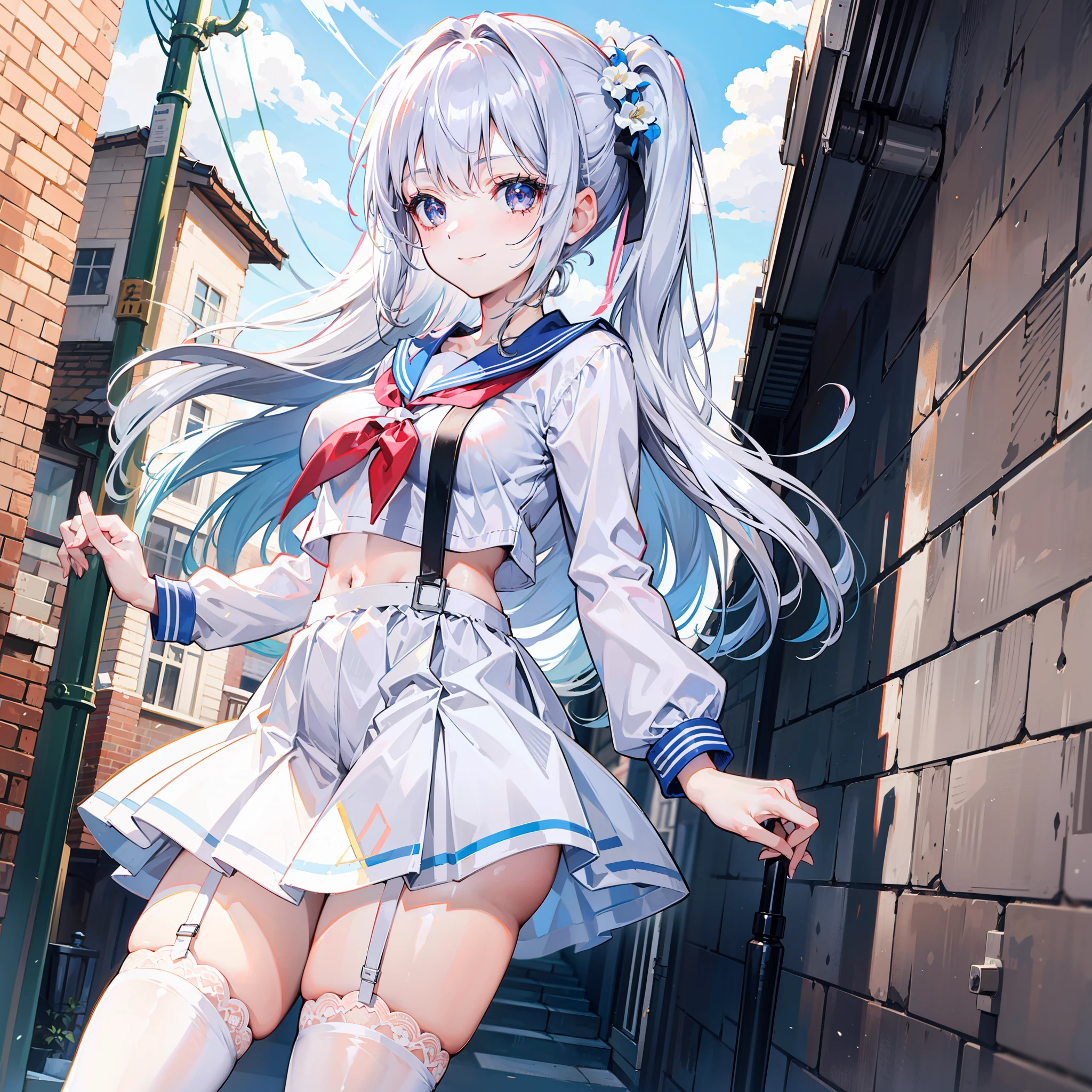cute girly,White sailor suit,high ponytails,Silver eyes and hair,Medium-sized breasts,Smiling, White suspender stockings, Hair is being tied, A gentle breeze blows on the side of the street,Front view